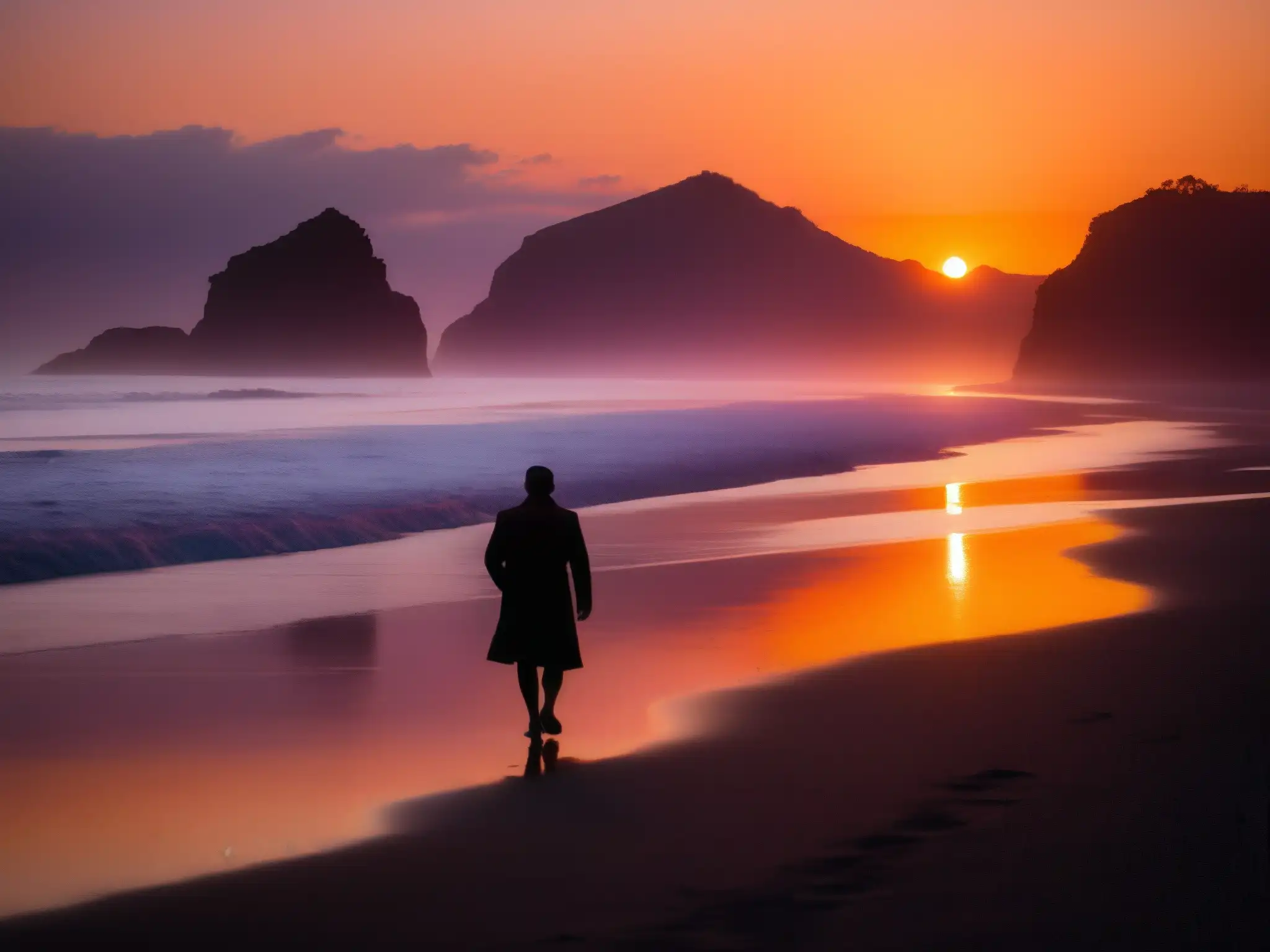 Un paseo solitario al atardecer en Dumas Beach, capturando la misteriosa atmósfera de la playa