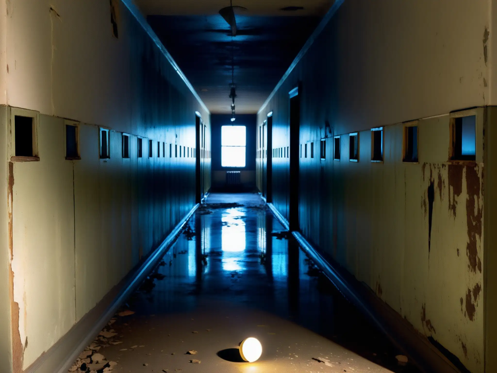 Un pasillo abandonado de un asilo en blanco y negro, con una atmósfera de fascinación por lo macabro