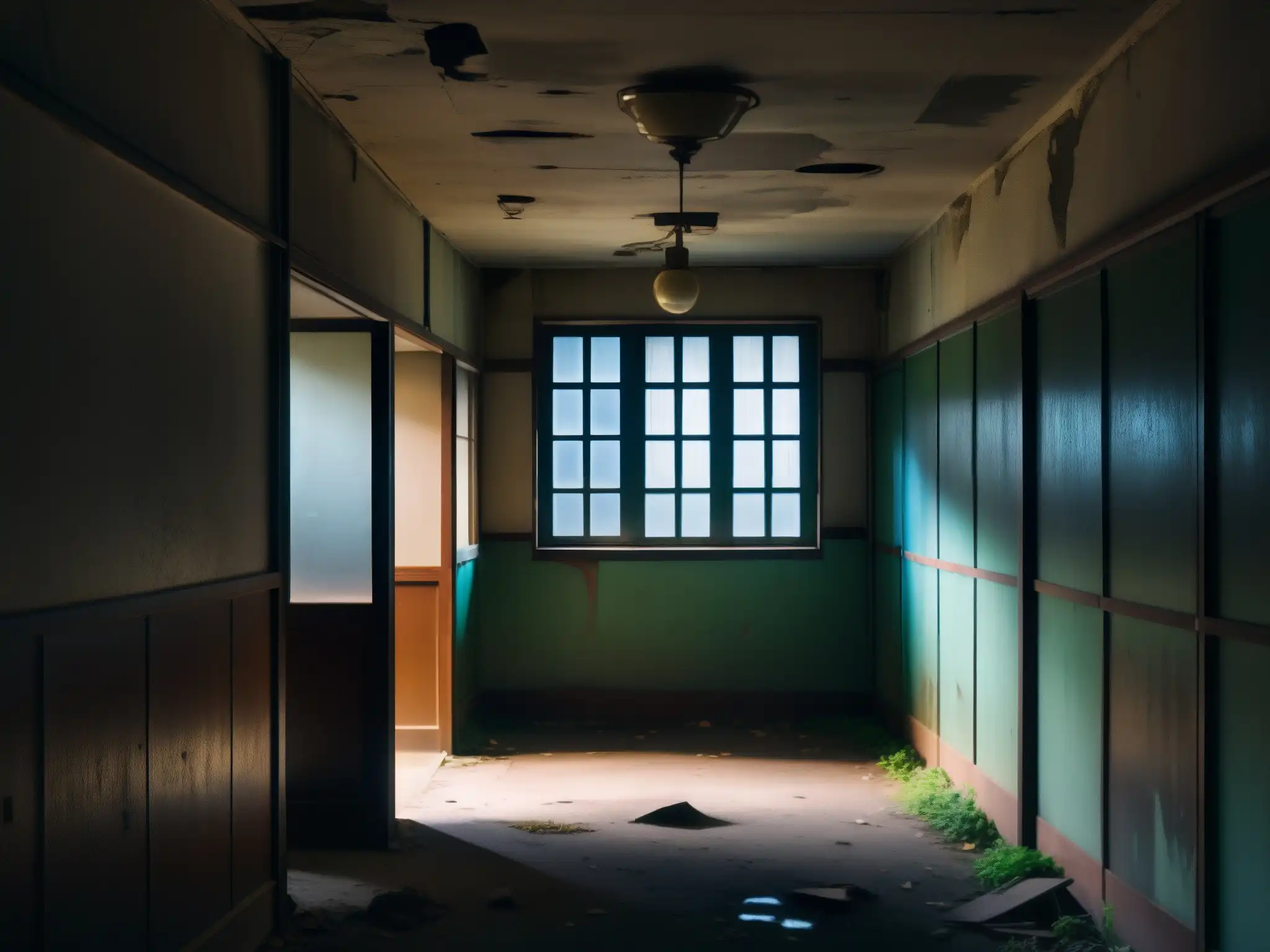 Un pasillo abandonado en un edificio coreano, con pintura descascarada y sombras inquietantes