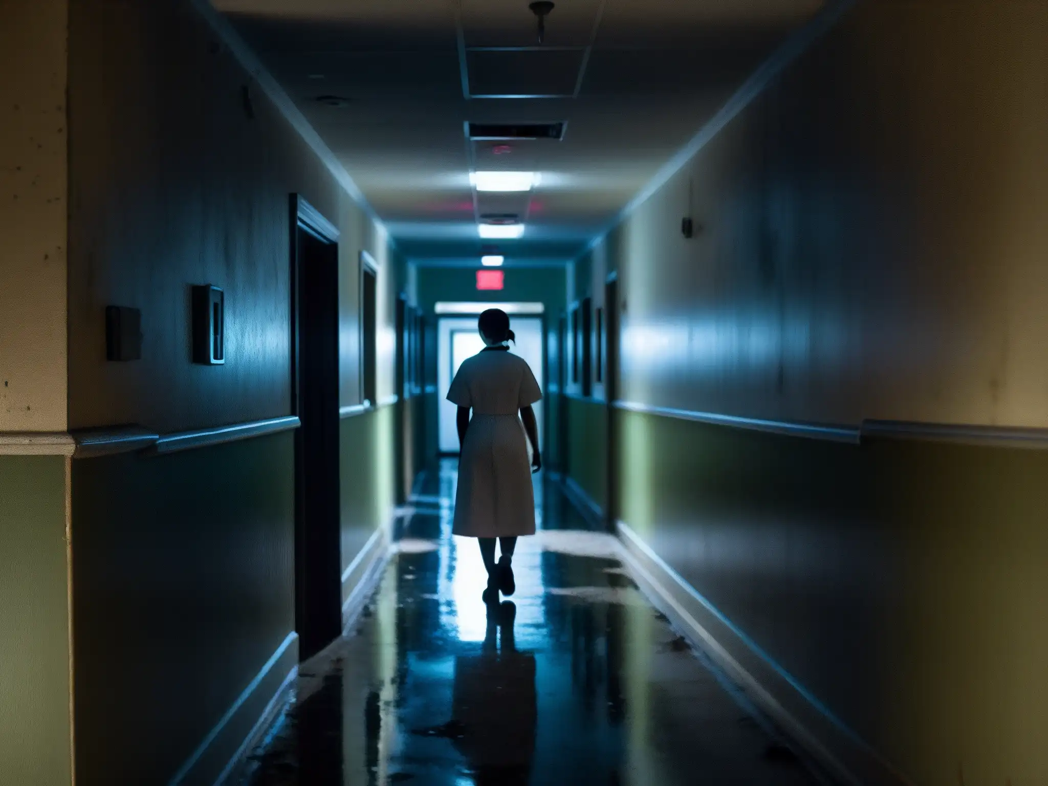 Un pasillo abandonado de hospital de noche con una luz titilante, creando sombras misteriosas