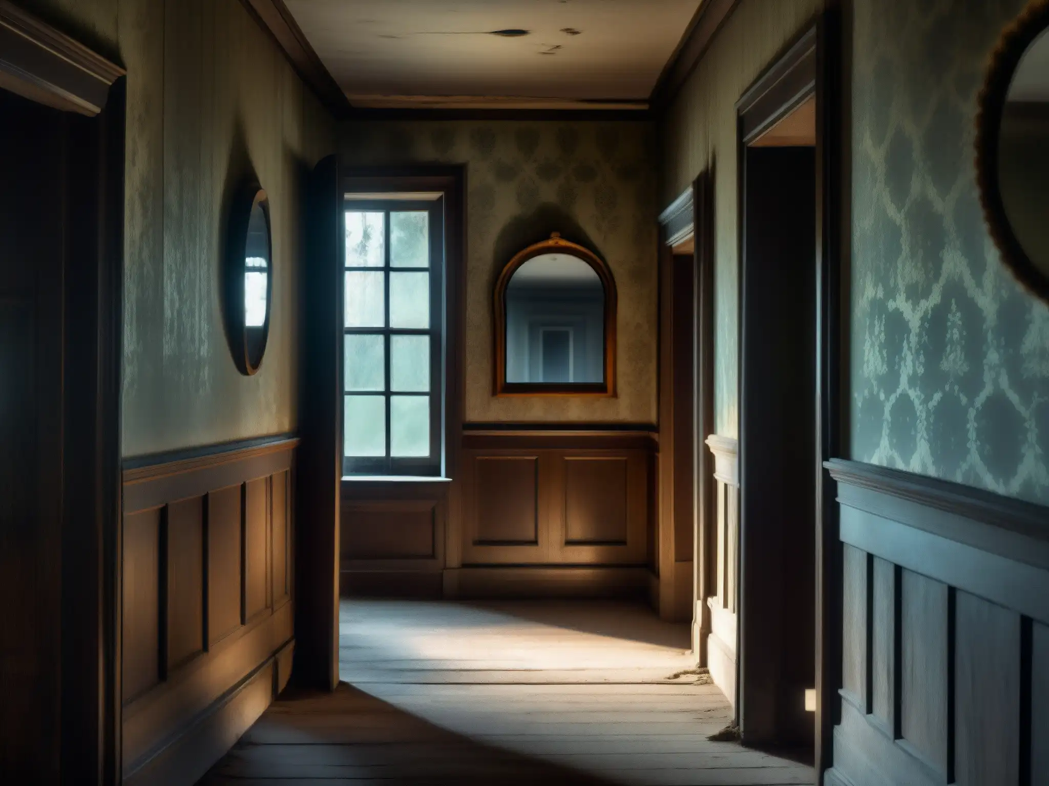 Un pasillo abandonado en una mansión antigua, con un espejo que refleja una figura fantasmal