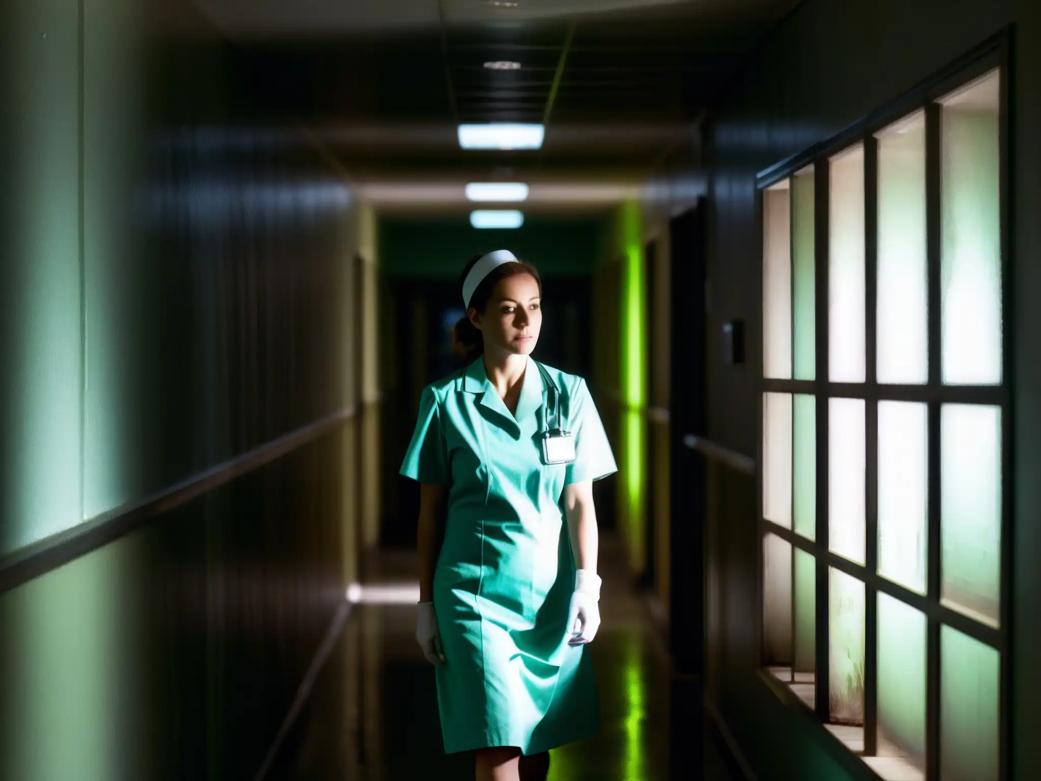 En un pasillo de hospital tenue, una enfermera en sombras evoca la legendaria La Planchada leyenda mexicana con su mirada enigmática