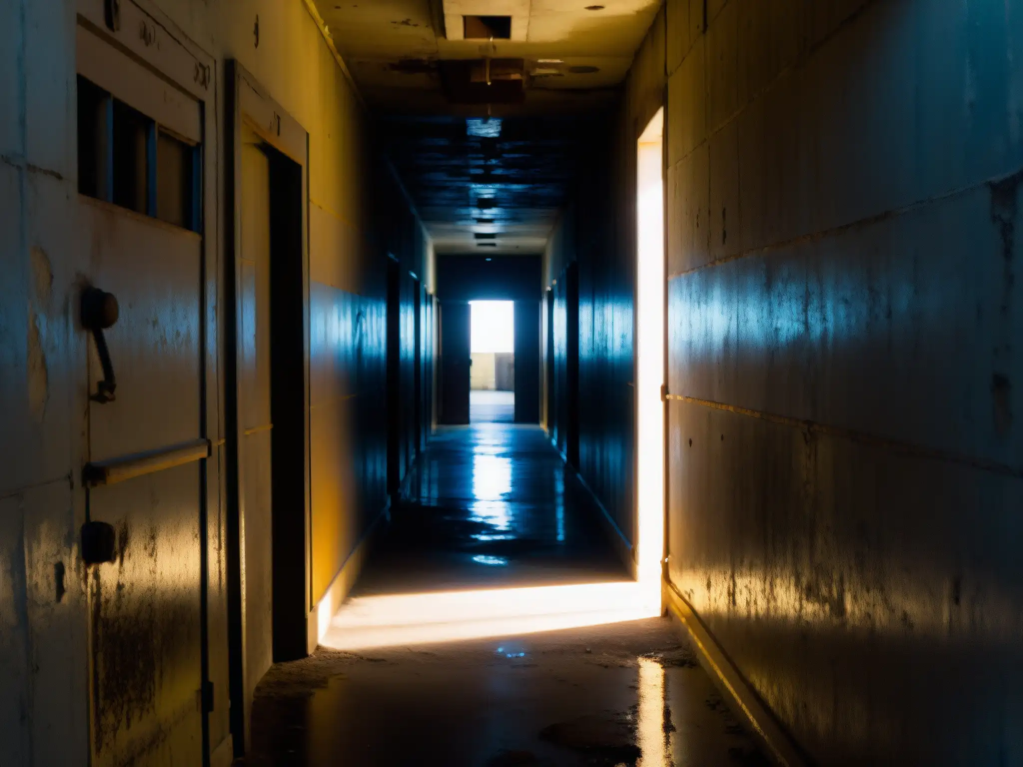 Un pasillo lúgubre y estrecho en la sección abandonada de la prisión de San Quentin