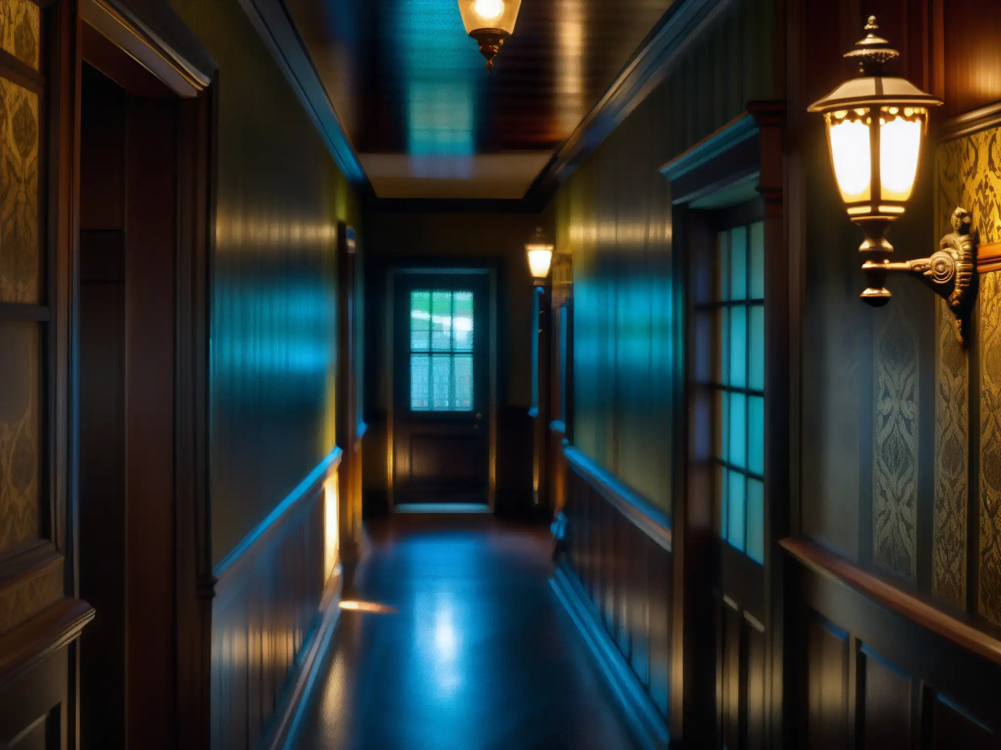 Un pasillo lúgubre en la Residencia Winchester con papel tapiz victoriano descascarado y una lámpara de aceite vintage proyectando sombras misteriosas