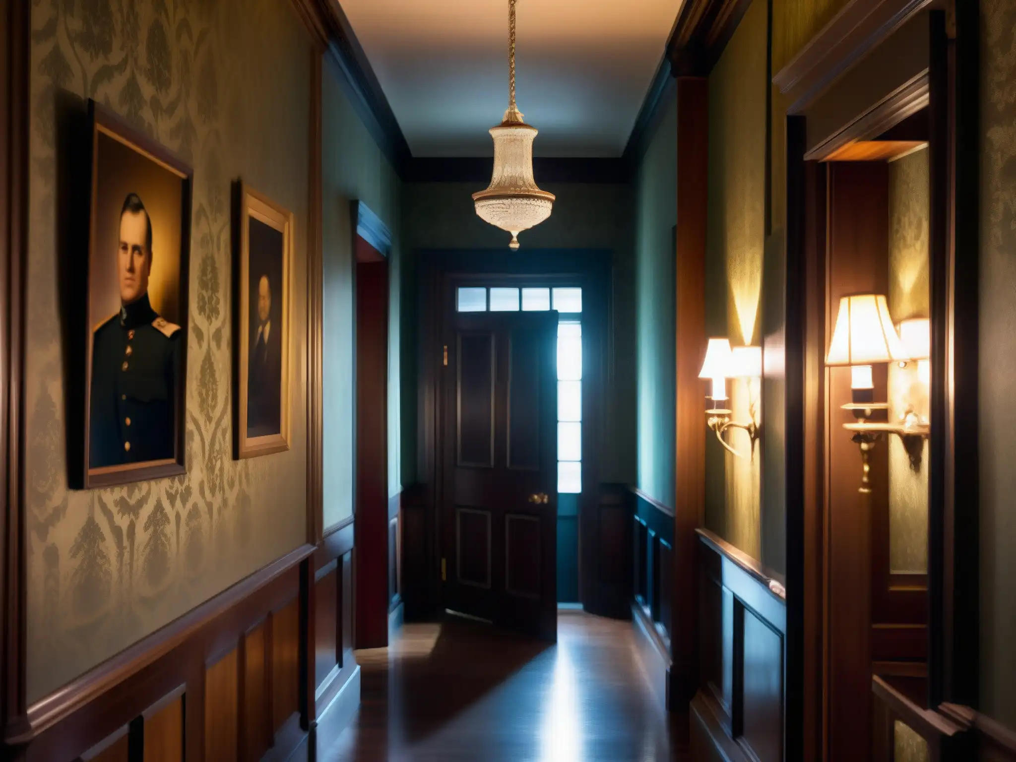 Un pasillo misterioso en una mansión colonial con el retrato del Fantasma del Británico en la Casa Roja