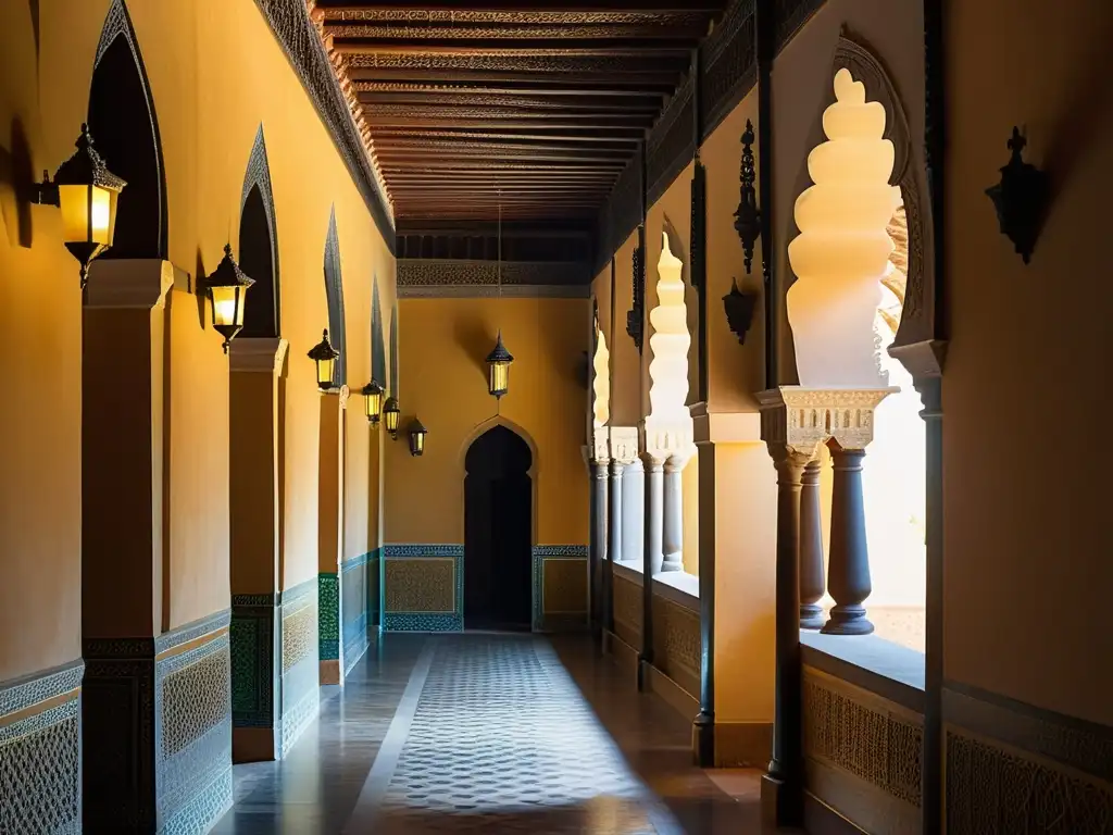 Un pasillo oscuro del Alcázar de Sevilla, con detalles arquitectónicos moriscos y misteriosas sombras