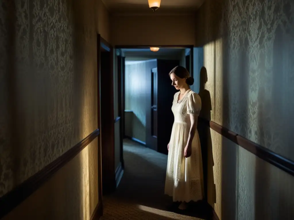 Un pasillo oscuro de hotel antiguo con luces intermitentes y una figura fantasmal en un vestido blanco