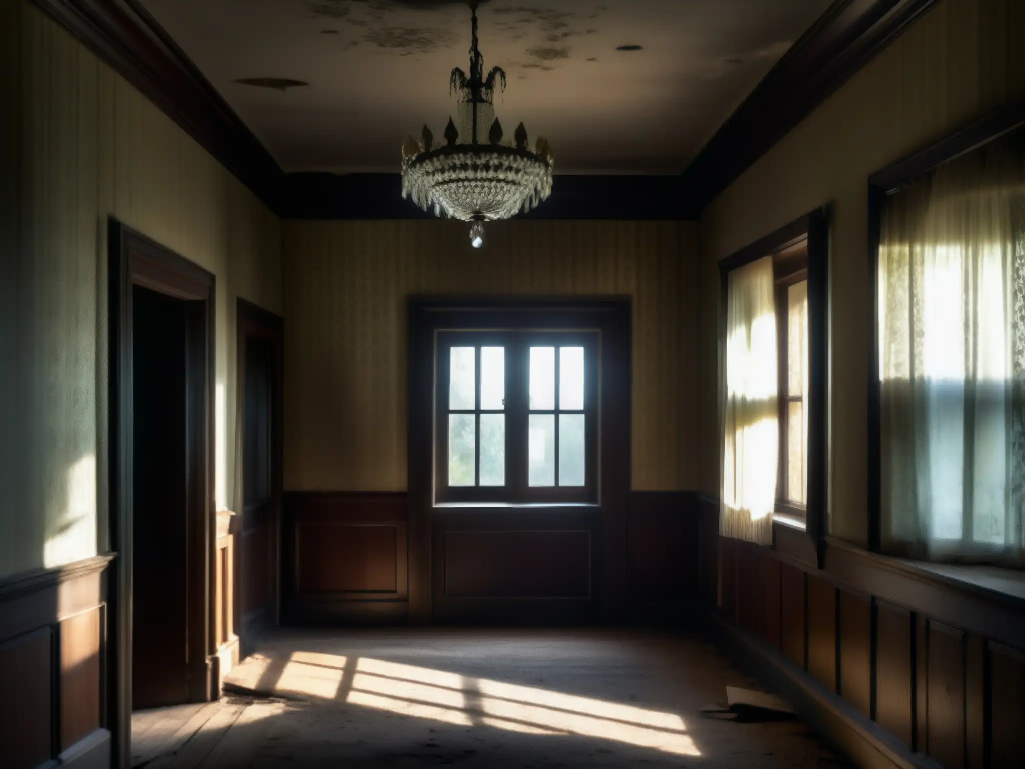 Un pasillo oscuro en una mansión abandonada con muebles decrépitos y sombras misteriosas