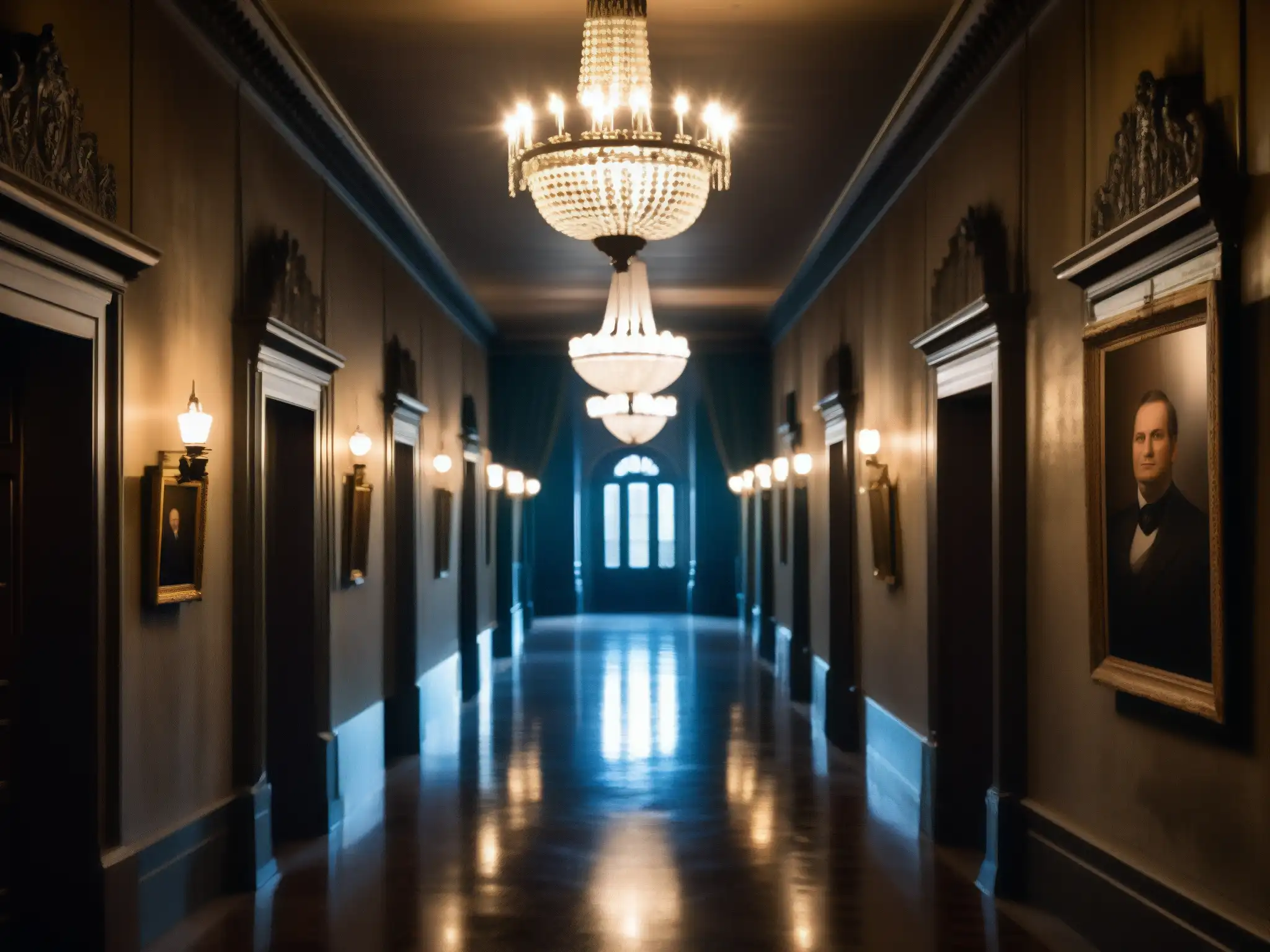Un pasillo sombrío en un antiguo palacio gubernamental con una atmósfera fantasmal, rodeado de retratos de funcionarios