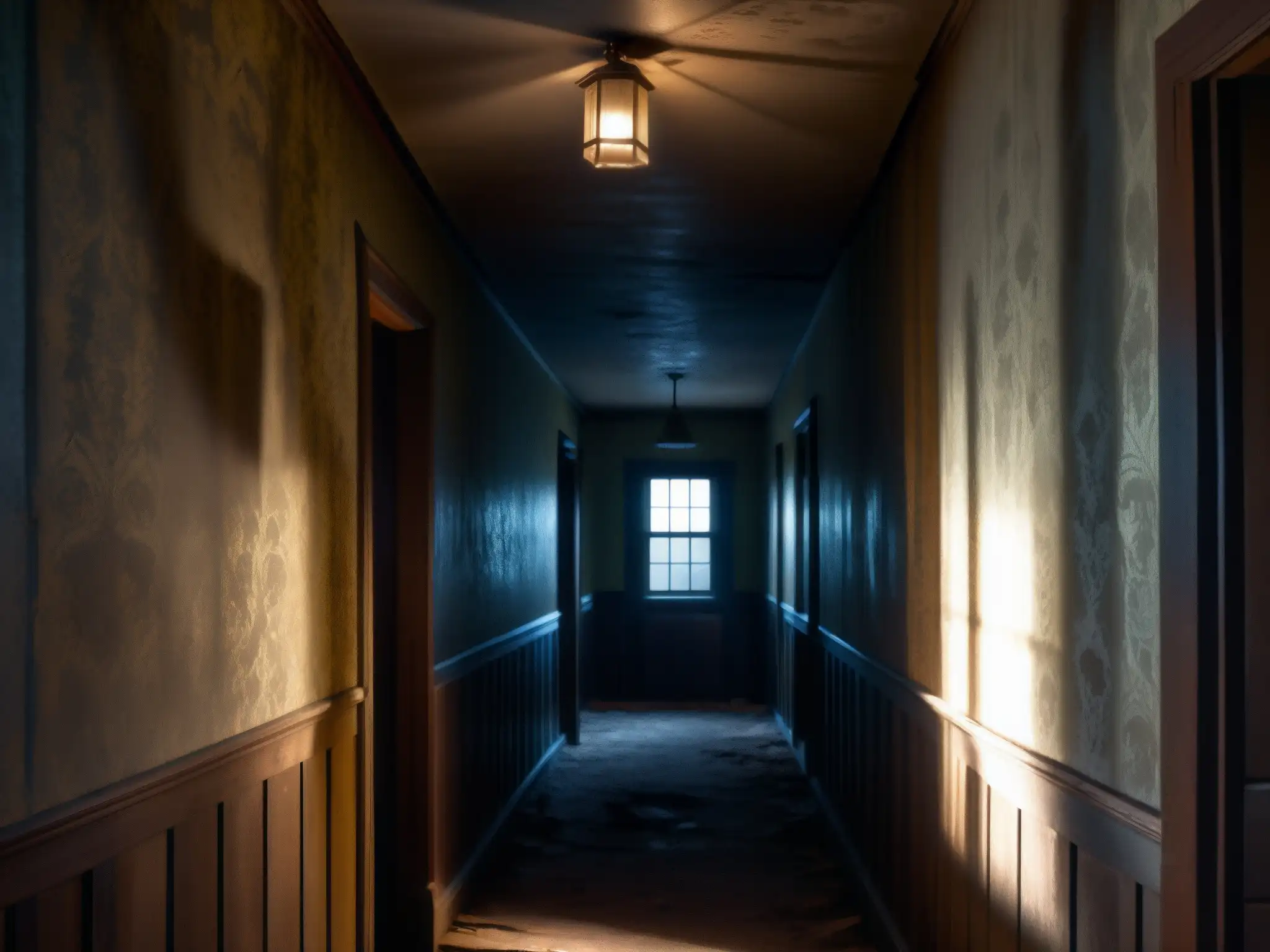 Un pasillo sombrío en una casa abandonada, con papel tapiz desgastado y suelo crujiente