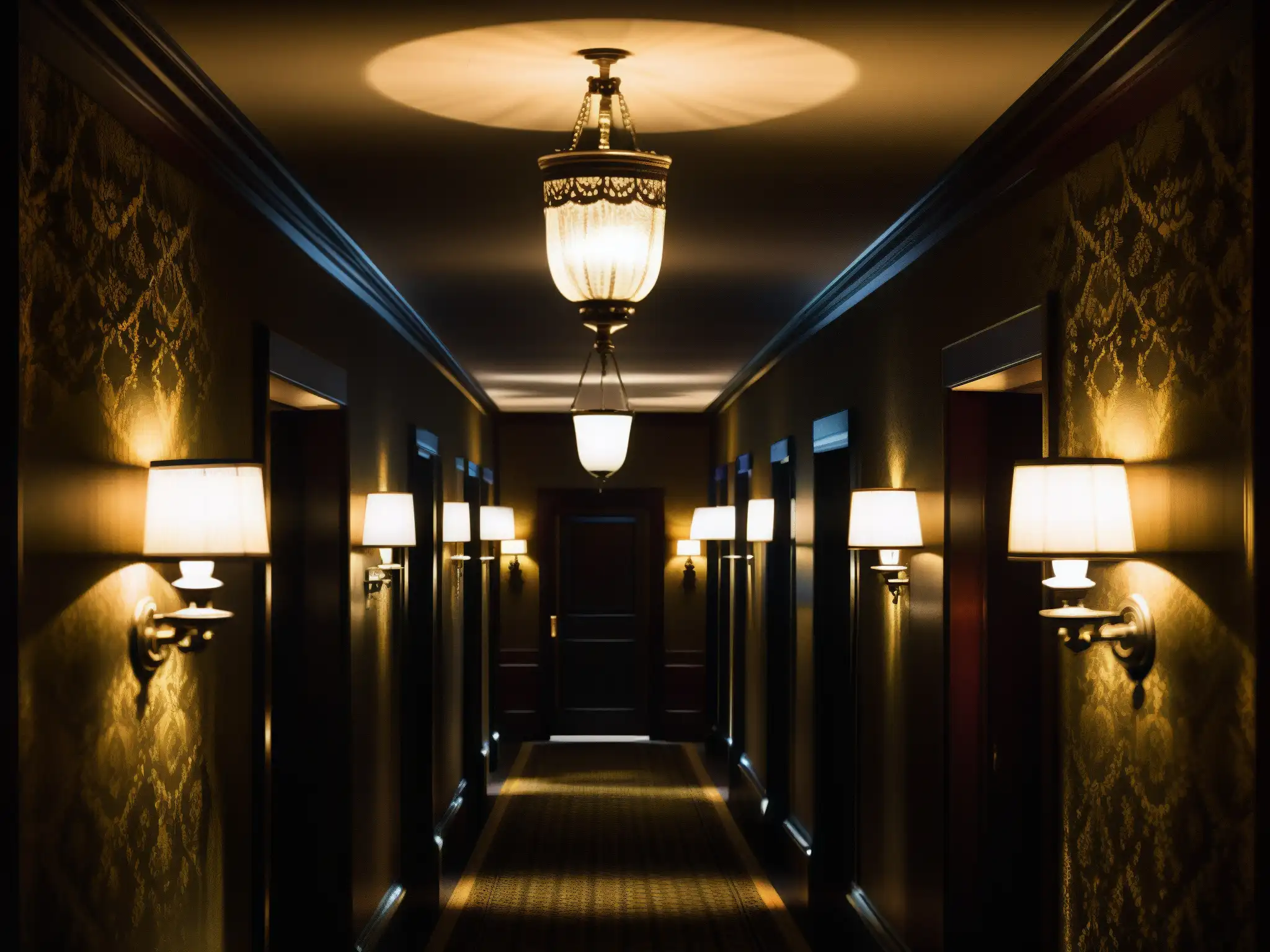Un pasillo sombrío del histórico Hotel Fairmont Banff Springs, con una presencia escalofriante y detalles vintage en la arquitectura