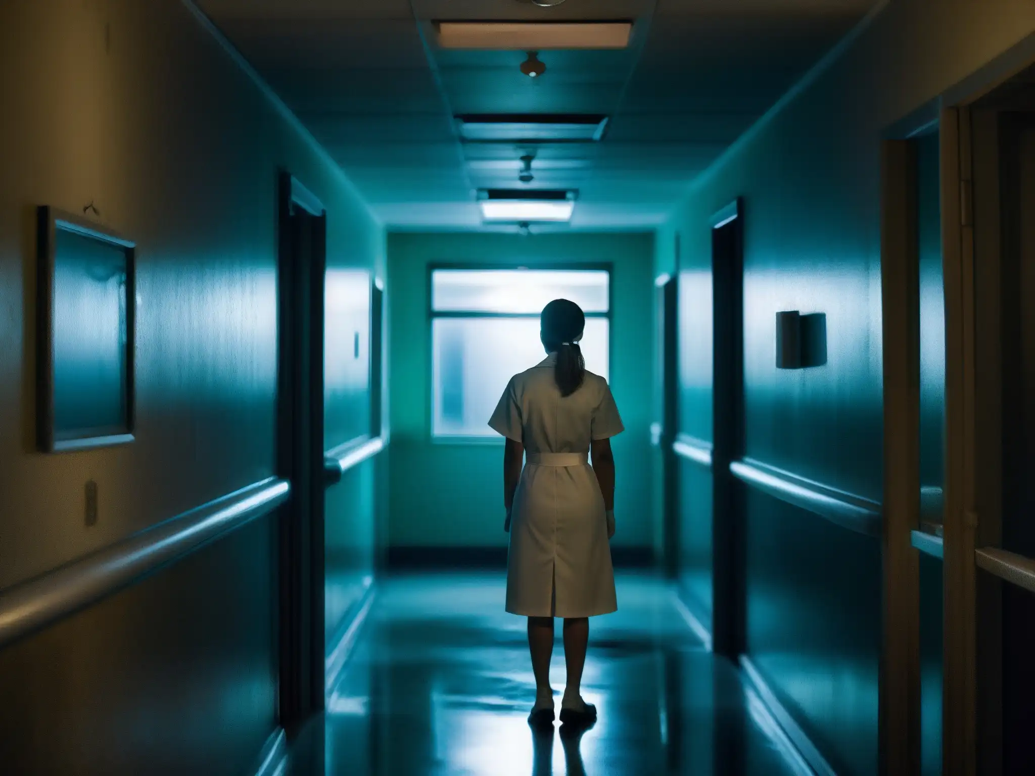 Un pasillo sombrío de hospital con una enfermera de espaldas mirando por la ventana
