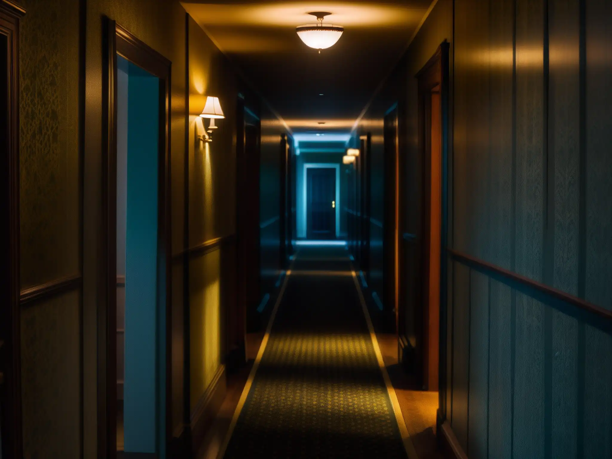 Un pasillo sombrío en el Hotel Savoy, con ambiente misterioso y tenue luz titilante al fondo