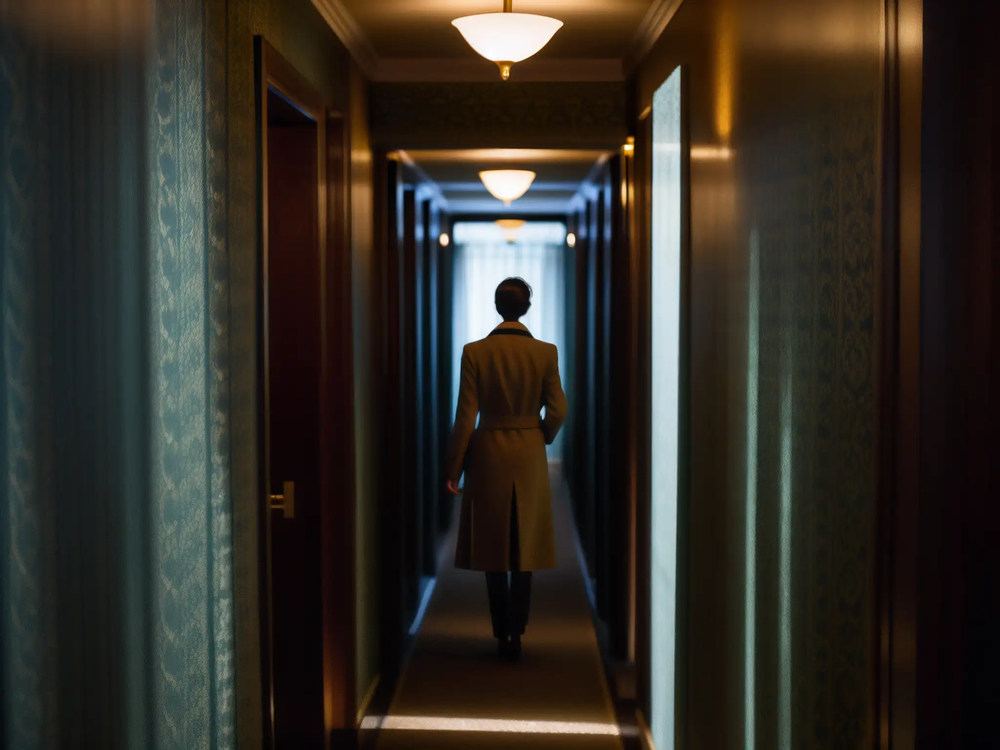 Un pasillo sombrío del Hotel Cecil con papel pintado desgastado y luces parpadeantes, creando sombras tenebrosas