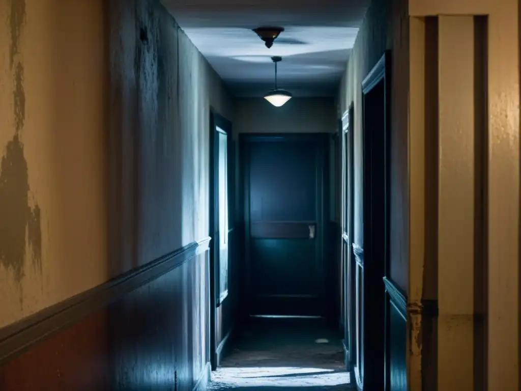 Un pasillo sombrío y misterioso en un antiguo edificio de apartamentos en Vallecas, España, evocando un inquietante misterio poltergeist