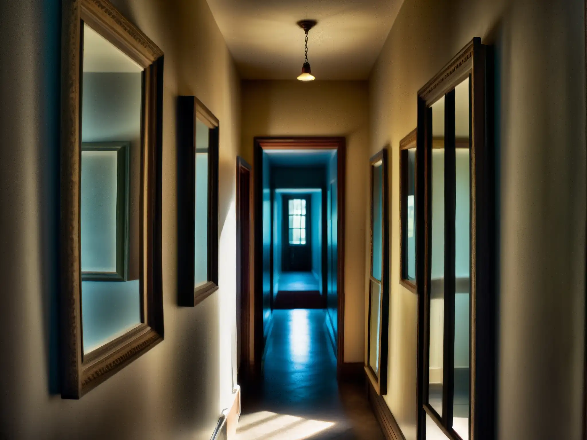 Un pasillo sombrío y misterioso en La Casa de los Espejos, con antiguos espejos que reflejan imágenes fantasmales y distorsionadas