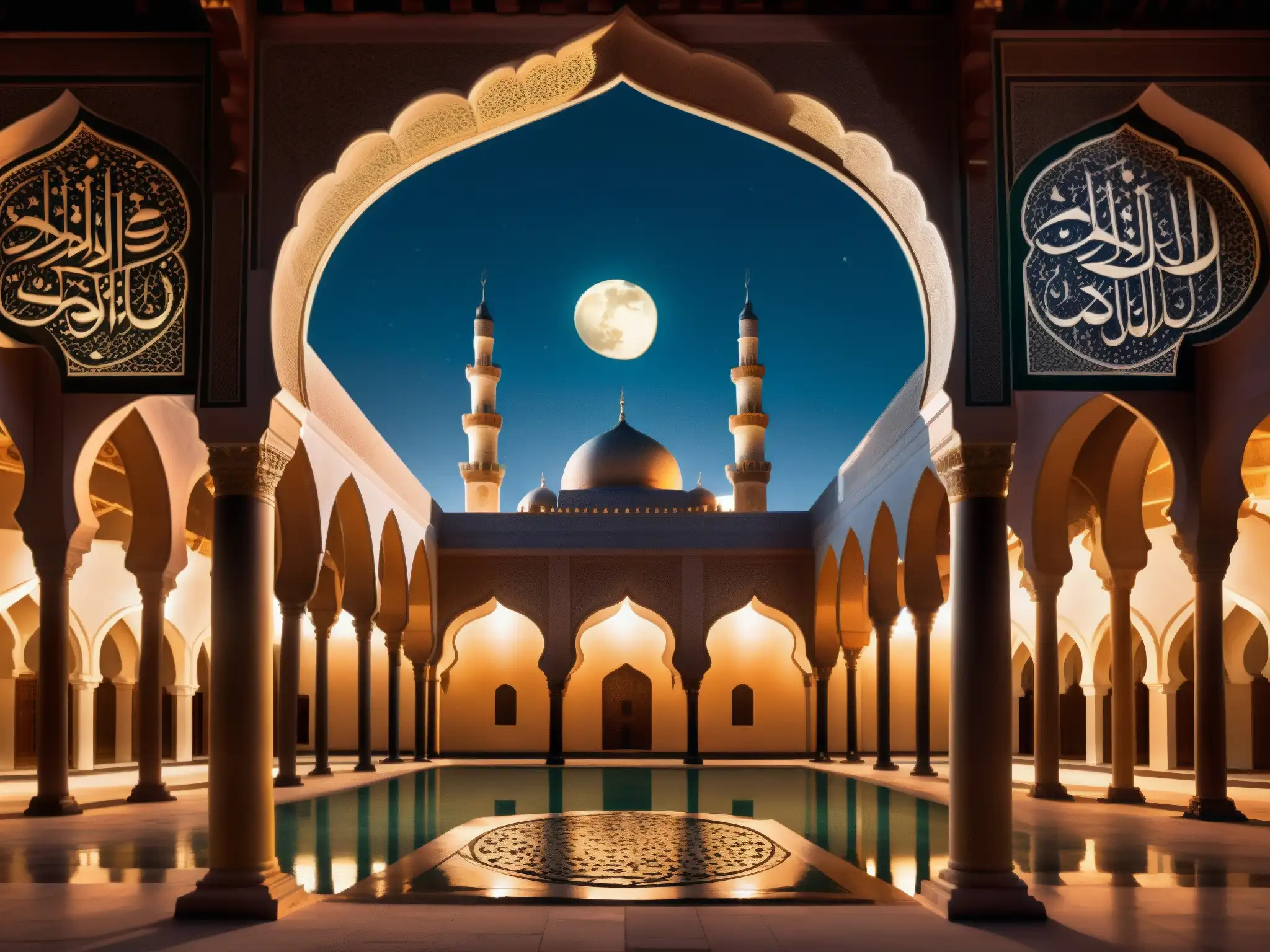 Un patio de mezquita iluminado por la luna con caligrafía árabe y una atmósfera mística evocando los Jinn en el Islam del sur