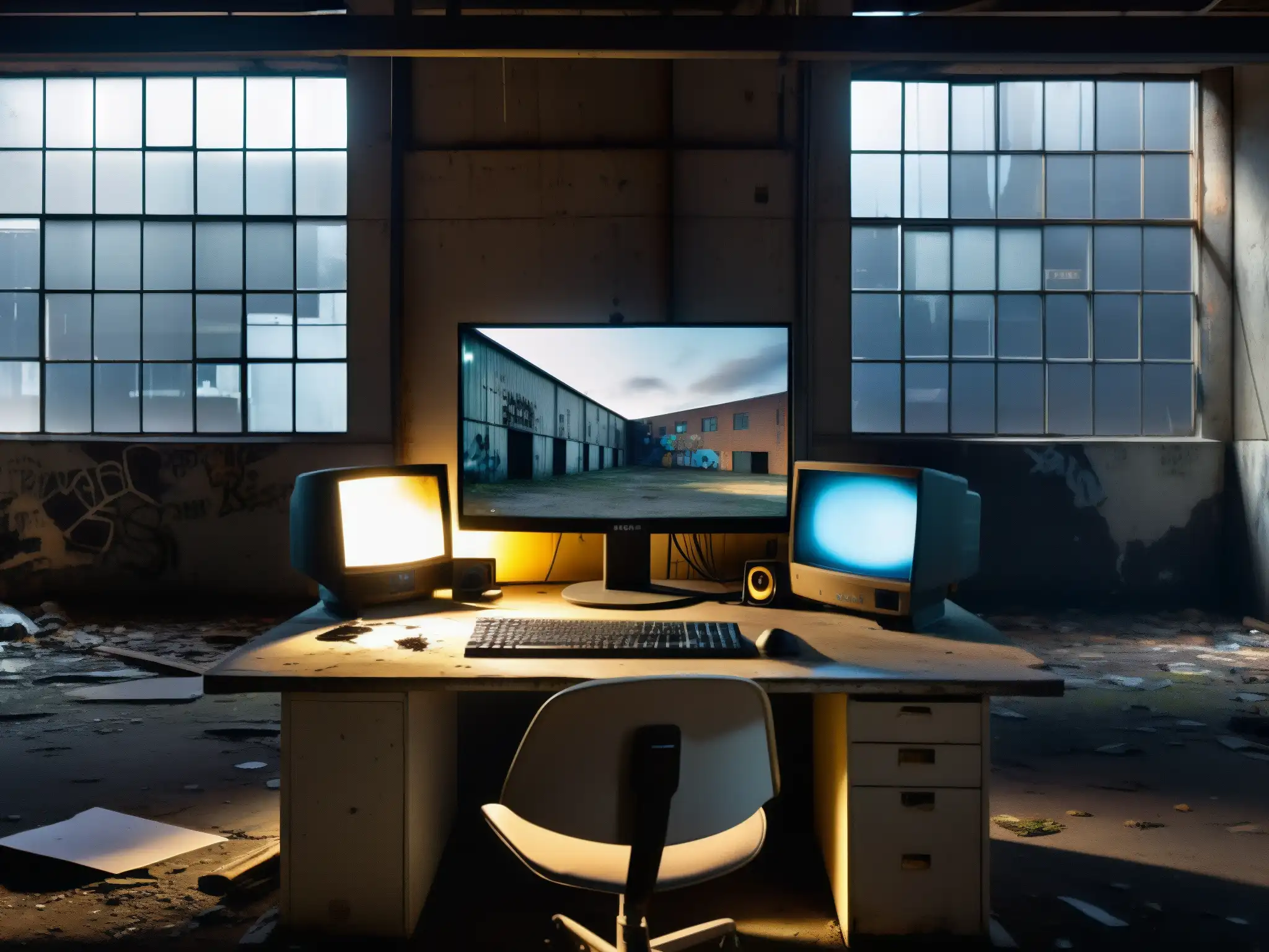 En la penumbra de un almacén abandonado, un monitor destella, evocando leyendas urbanas de hackers fantasma en la red