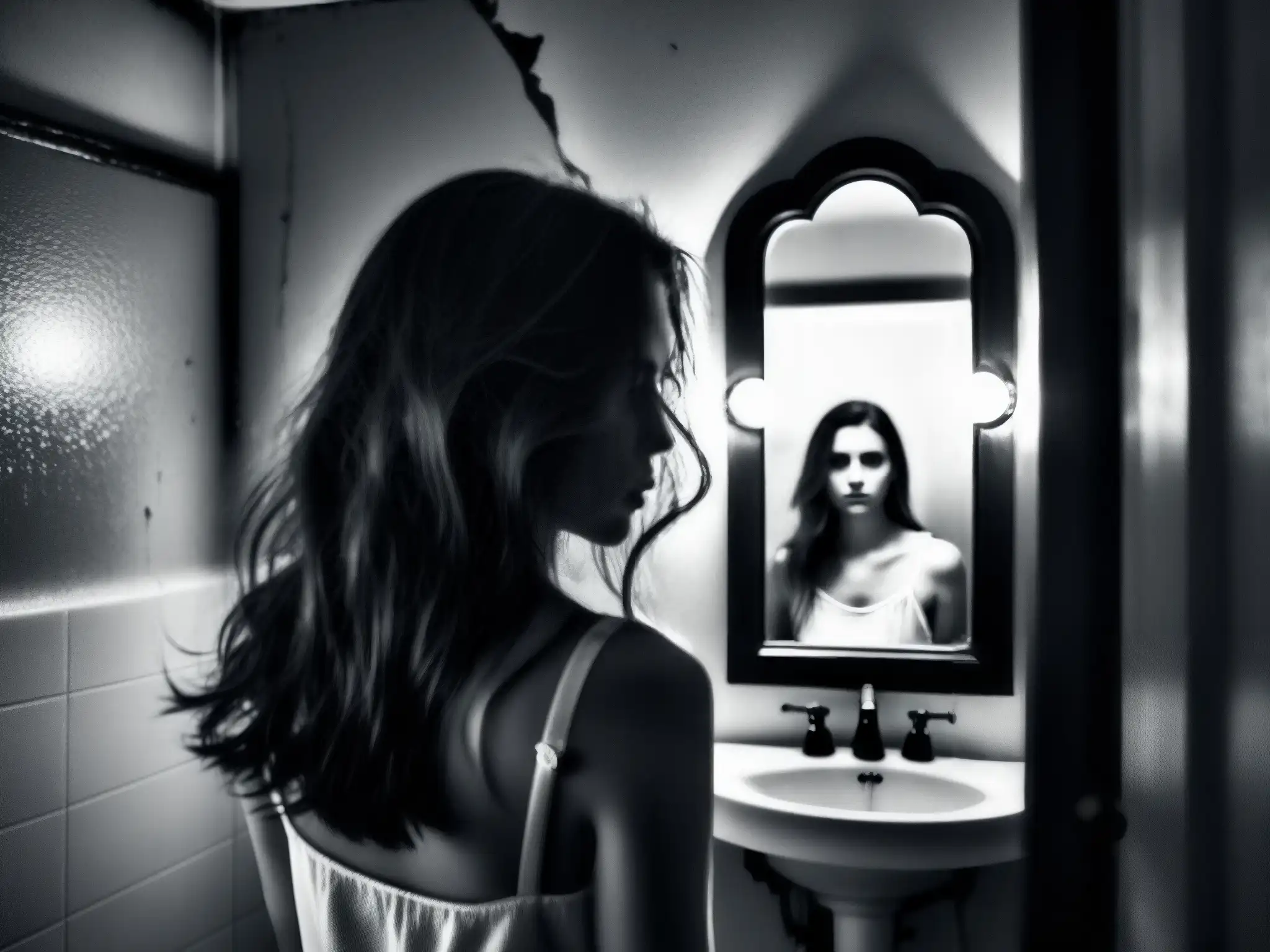 En la penumbra de un baño, un reflejo fantasmal en un espejo agrietado evoca la leyenda de Bloody Mary