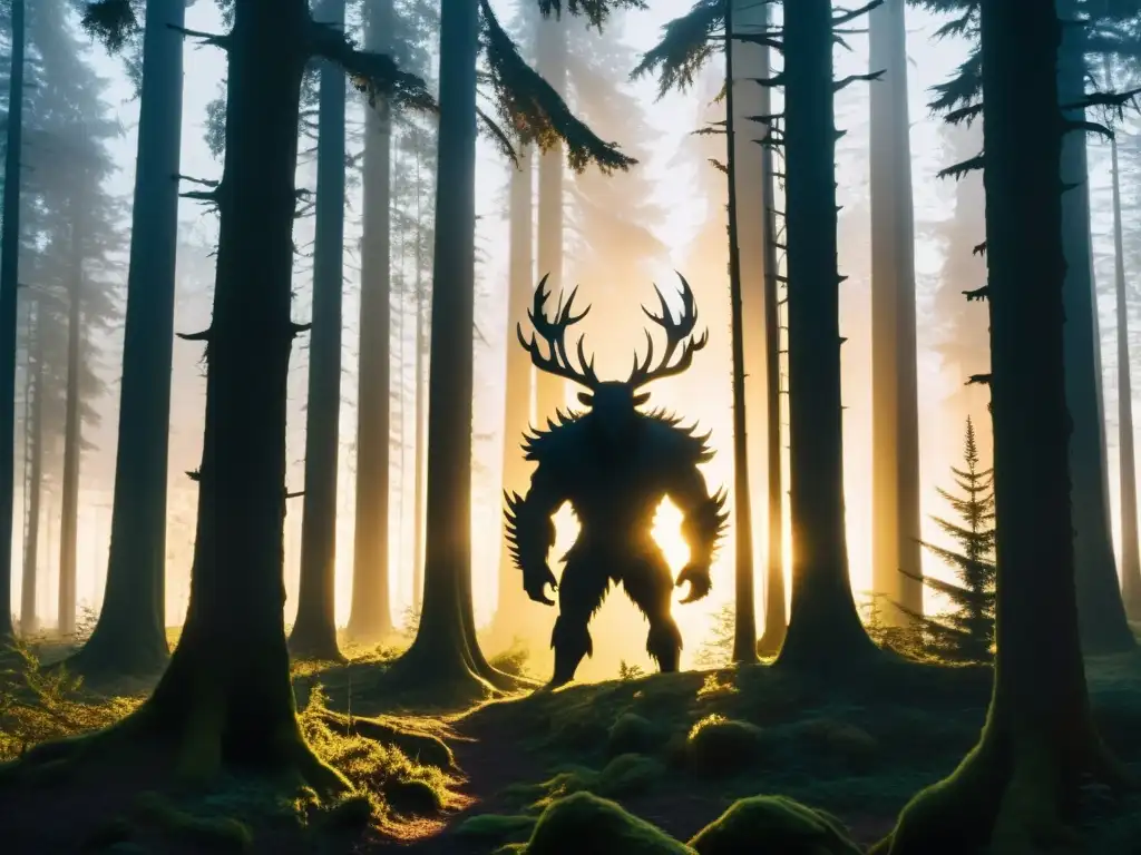 En la penumbra del bosque al anochecer, la Bestia de Gévaudan acecha entre los árboles, sus ojos brillan con una presencia temible