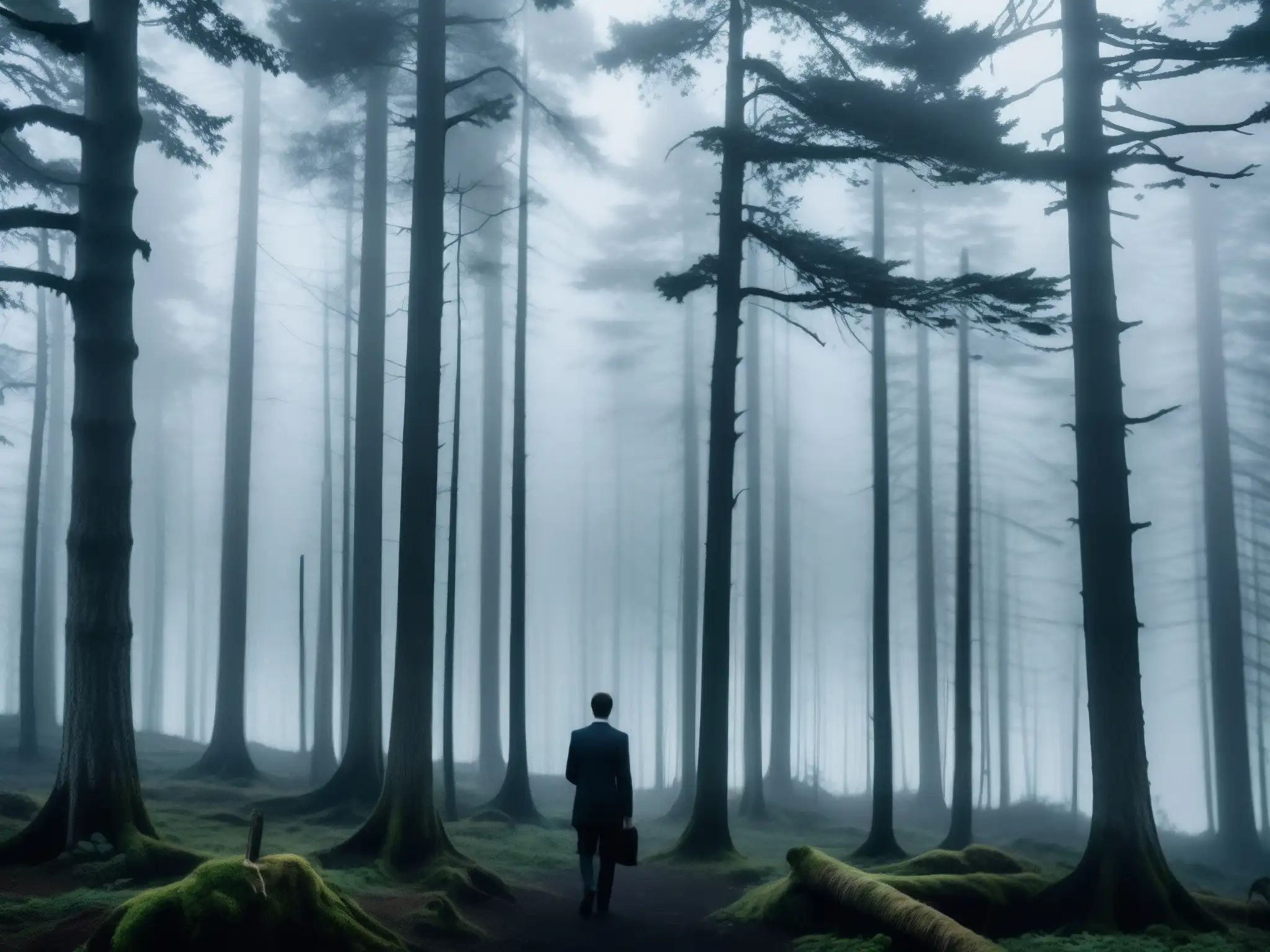 En la penumbra del bosque neblinoso al anochecer, se vislumbra la figura misteriosa del Fenómeno Slenderman en leyendas urbanas