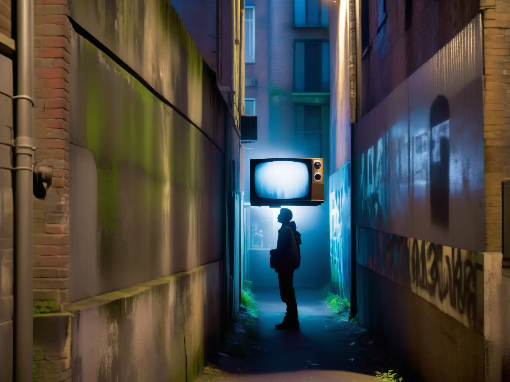En la penumbra de un callejón, el brillo tenue de una TV vintage ilumina a una figura misteriosa, evocando el origen de leyendas urbanas series TV