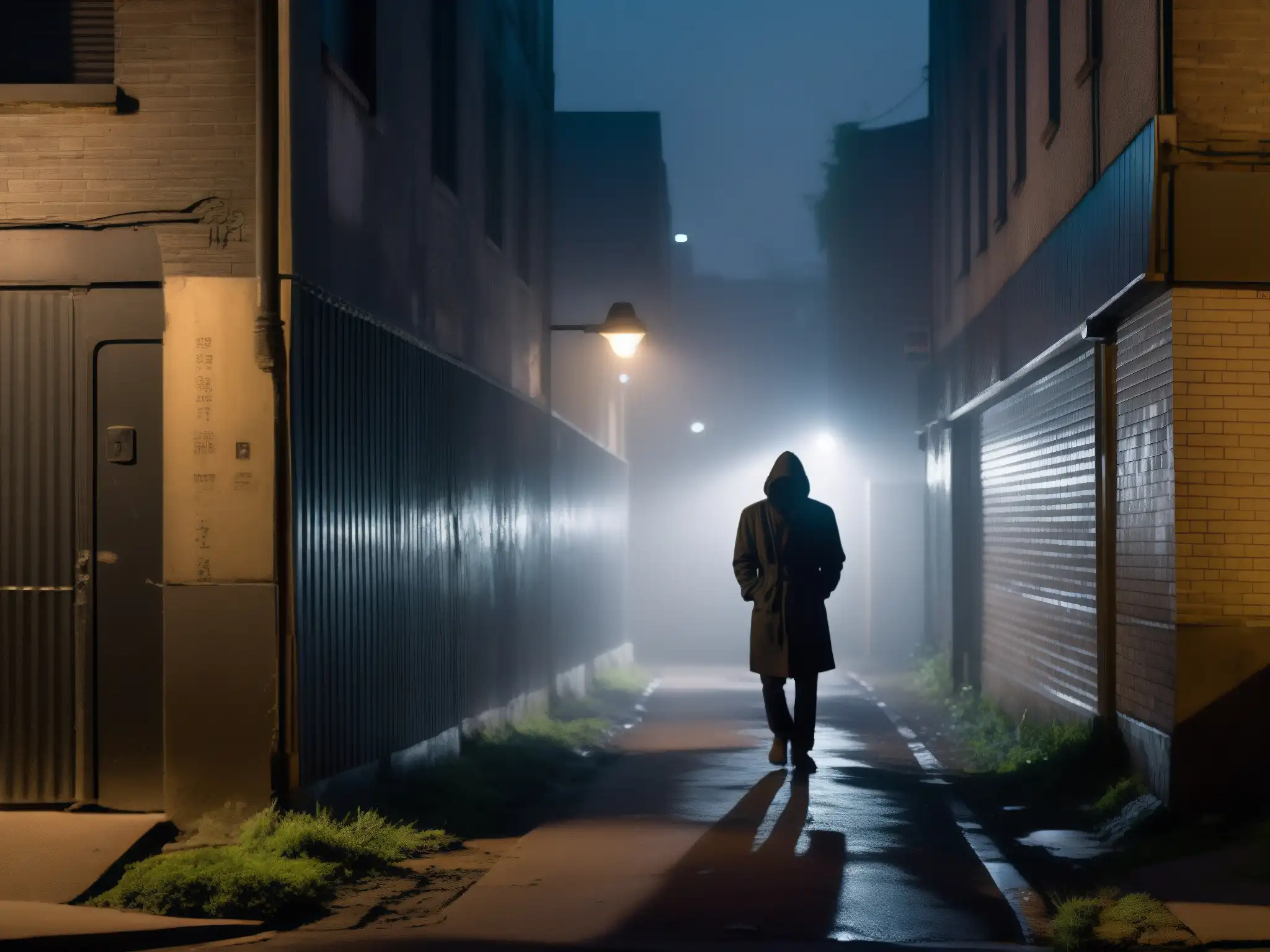 En la penumbra de un callejón, una figura solitaria bajo la luz de la calle