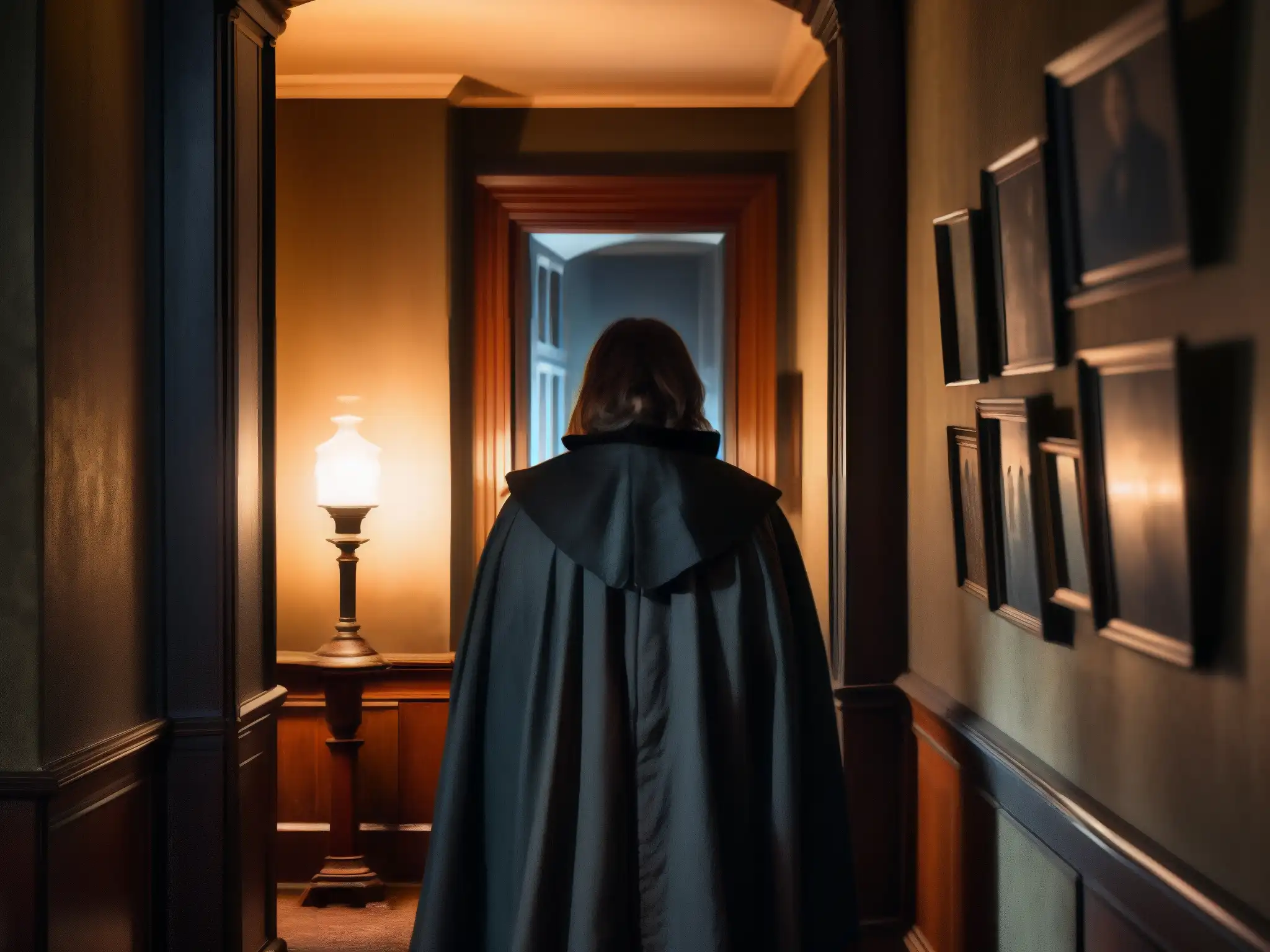 En la penumbra de una mansión victoriana, una figura en un manto negro crea un aura de misterio