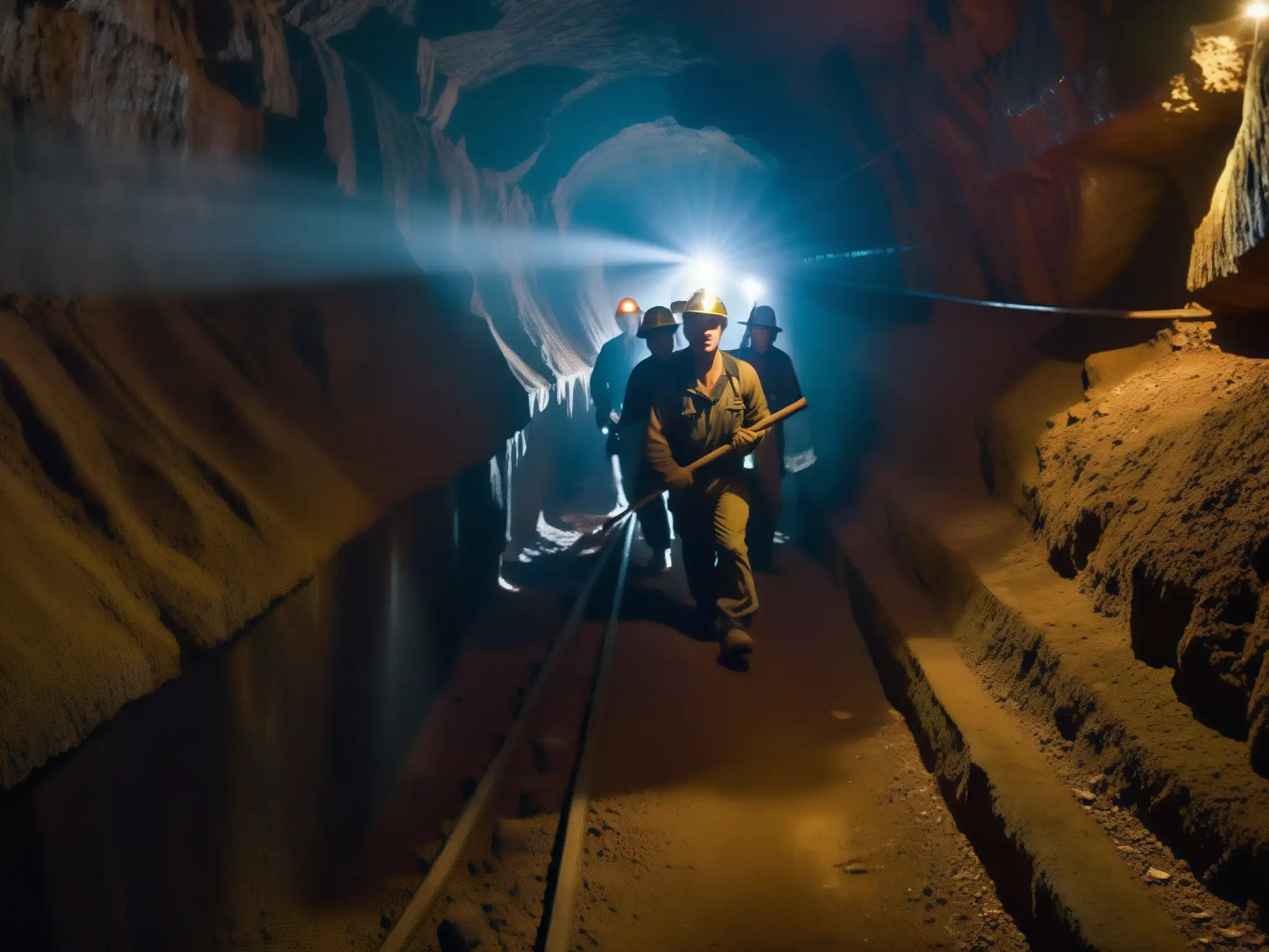 En la penumbra de la mina de Zacatecas, mineros con picos y linternas exploran el túnel, mientras una misteriosa figura los observa