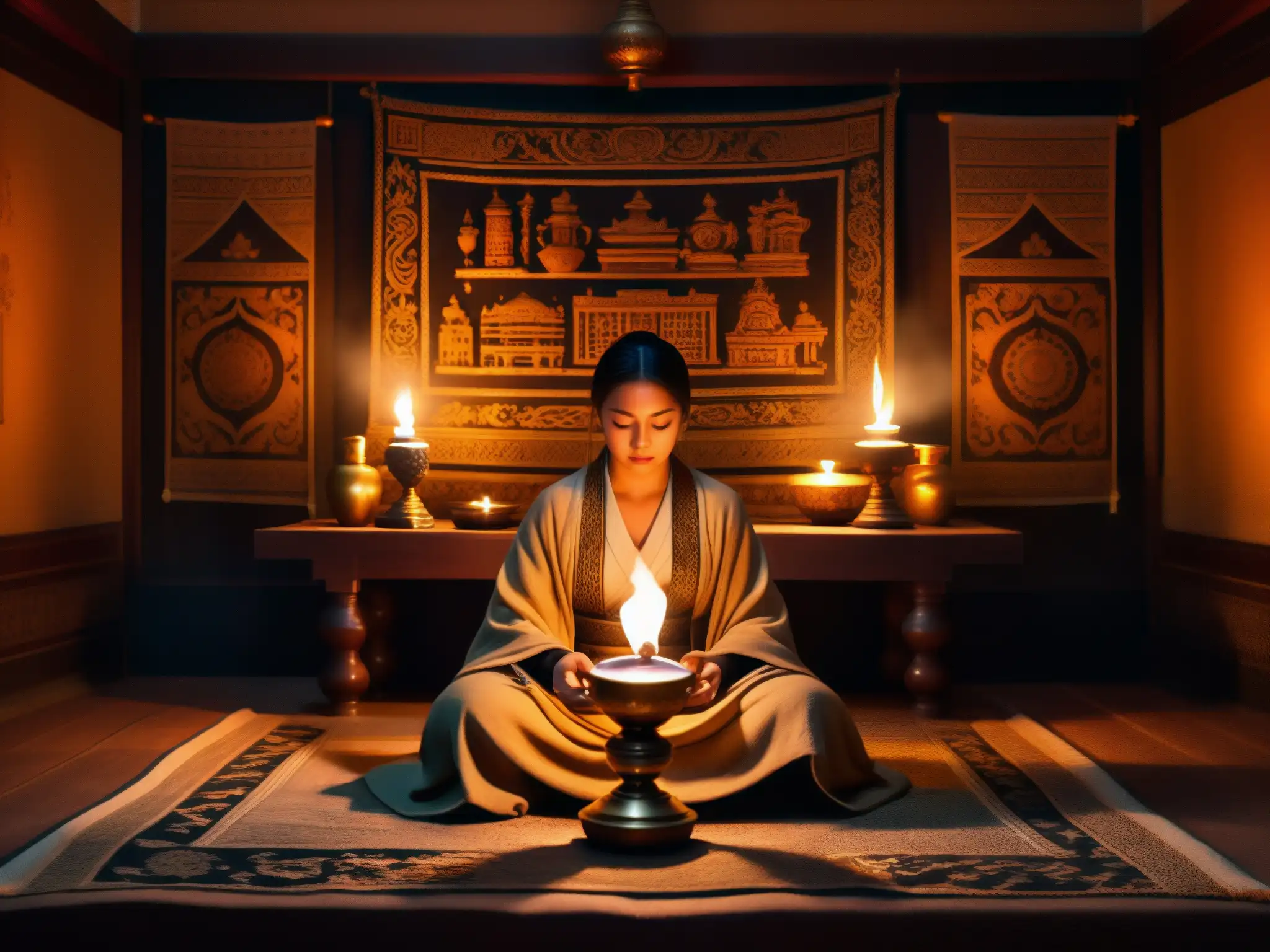 En la penumbra de una habitación, un misterioso ritual envuelve al Jinn en el Islam del sur, evocando una atmósfera de antiguo conocimiento