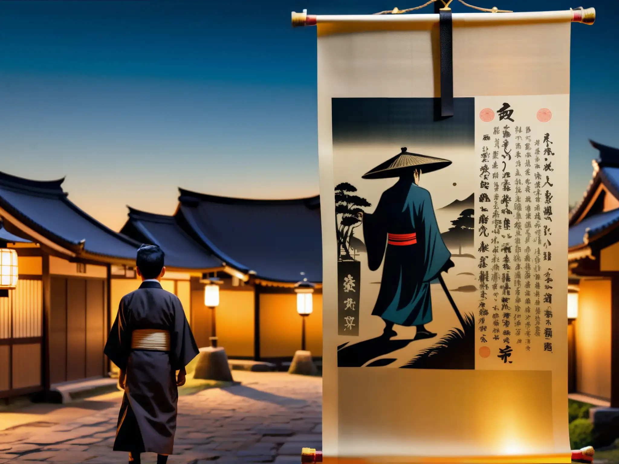 Un pergamino antiguo muestra al Hombre del Saco acechando en un pueblo japonés de noche