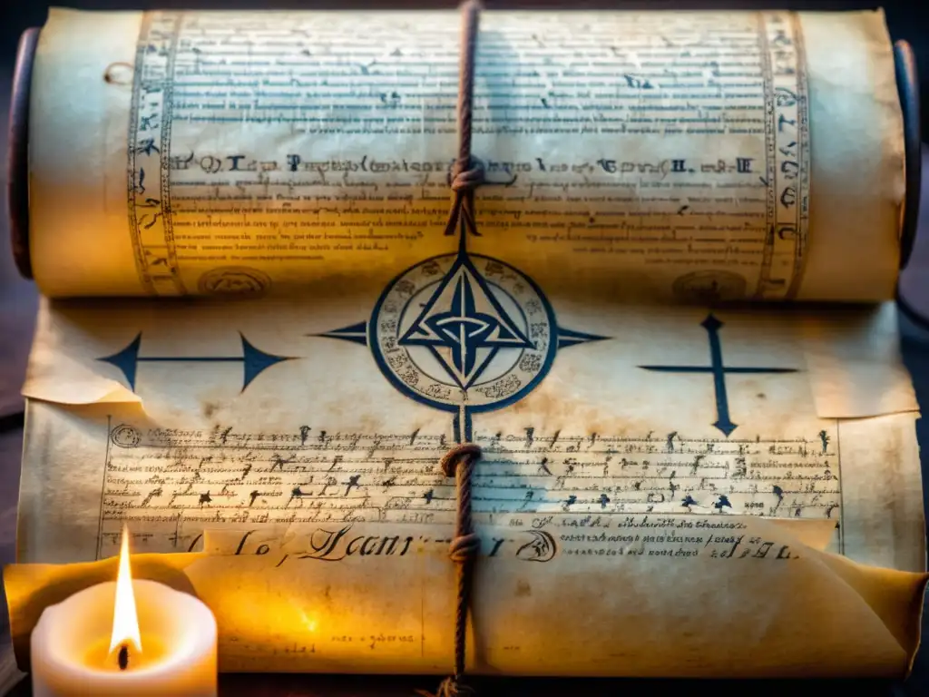 Un pergamino antiguo iluminado por la luz de las velas revela símbolos arcanos y un hechizo en latín