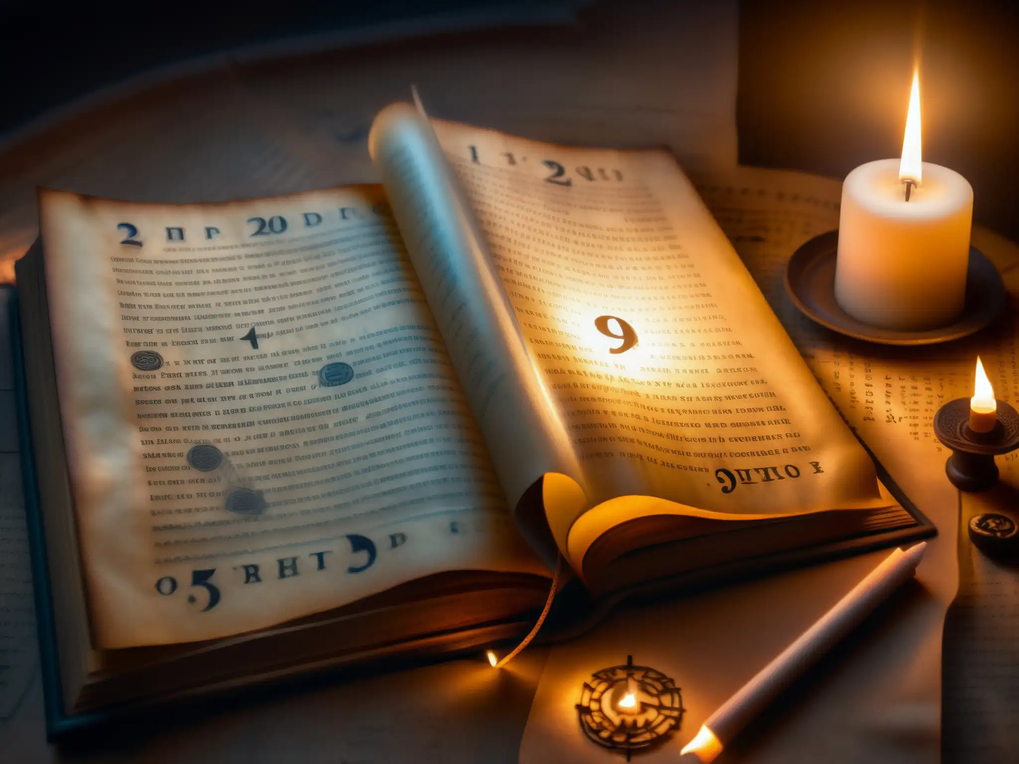 Un pergamino envejecido con símbolos misteriosos iluminado por una vela, rodeado de artefactos antiguos y libros polvorientos