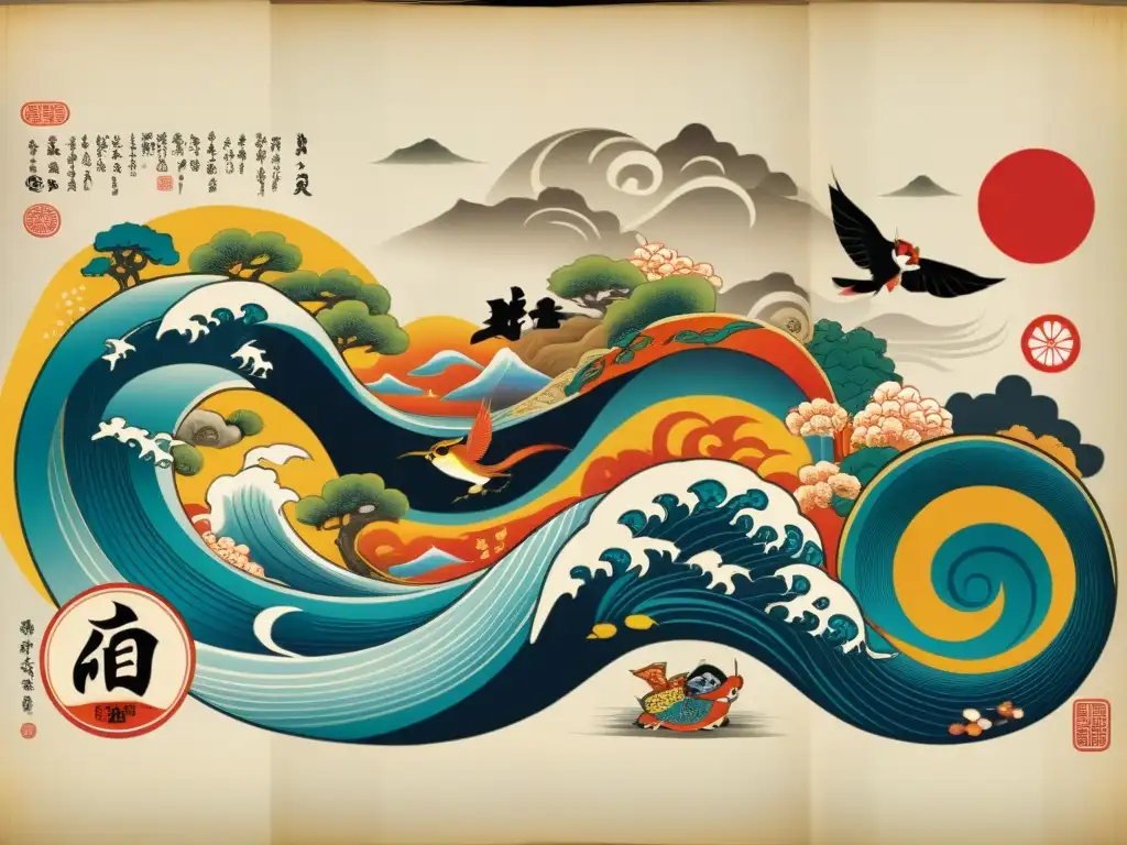 Un pergamino japonés detallado muestra Yokai con arte vívido, invitando a explorar el origen y significado de Yokai en la cultura japonesa