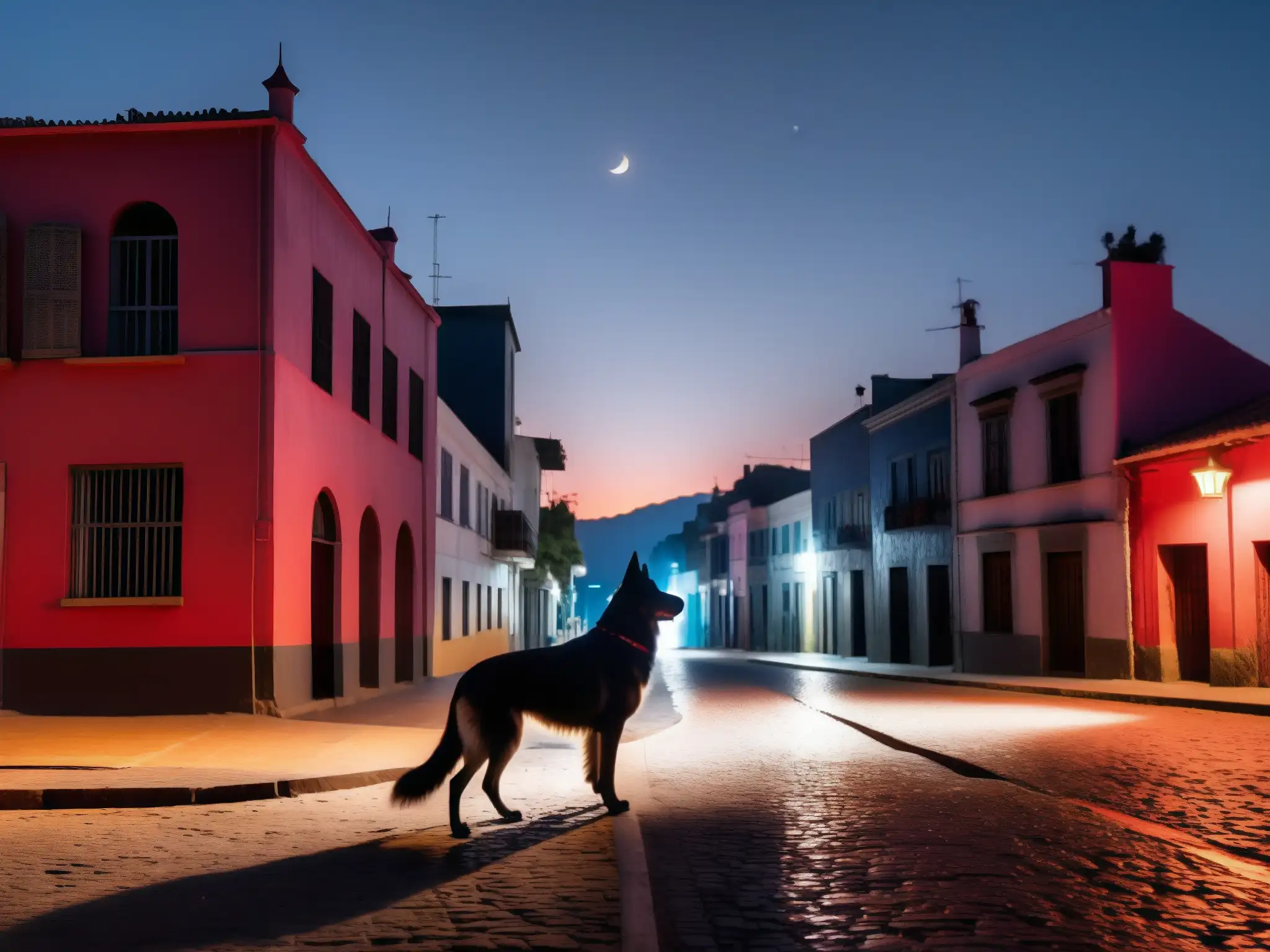 Un perro negro espectral se yergue en una oscura calle suramericana, sus ojos brillan con un inquietante tono rojo
