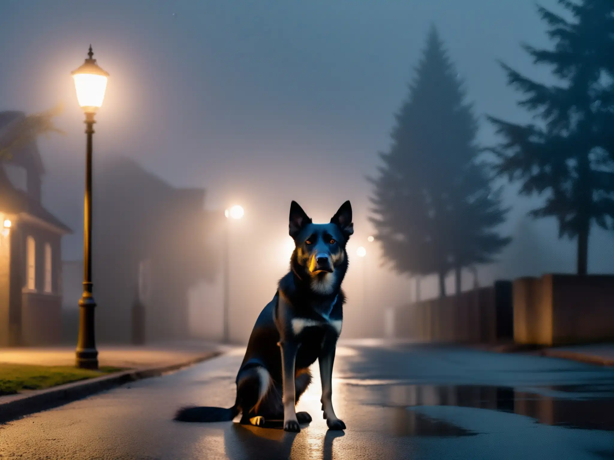 Un perro negro misterioso observa en la niebla nocturna de una calle desierta