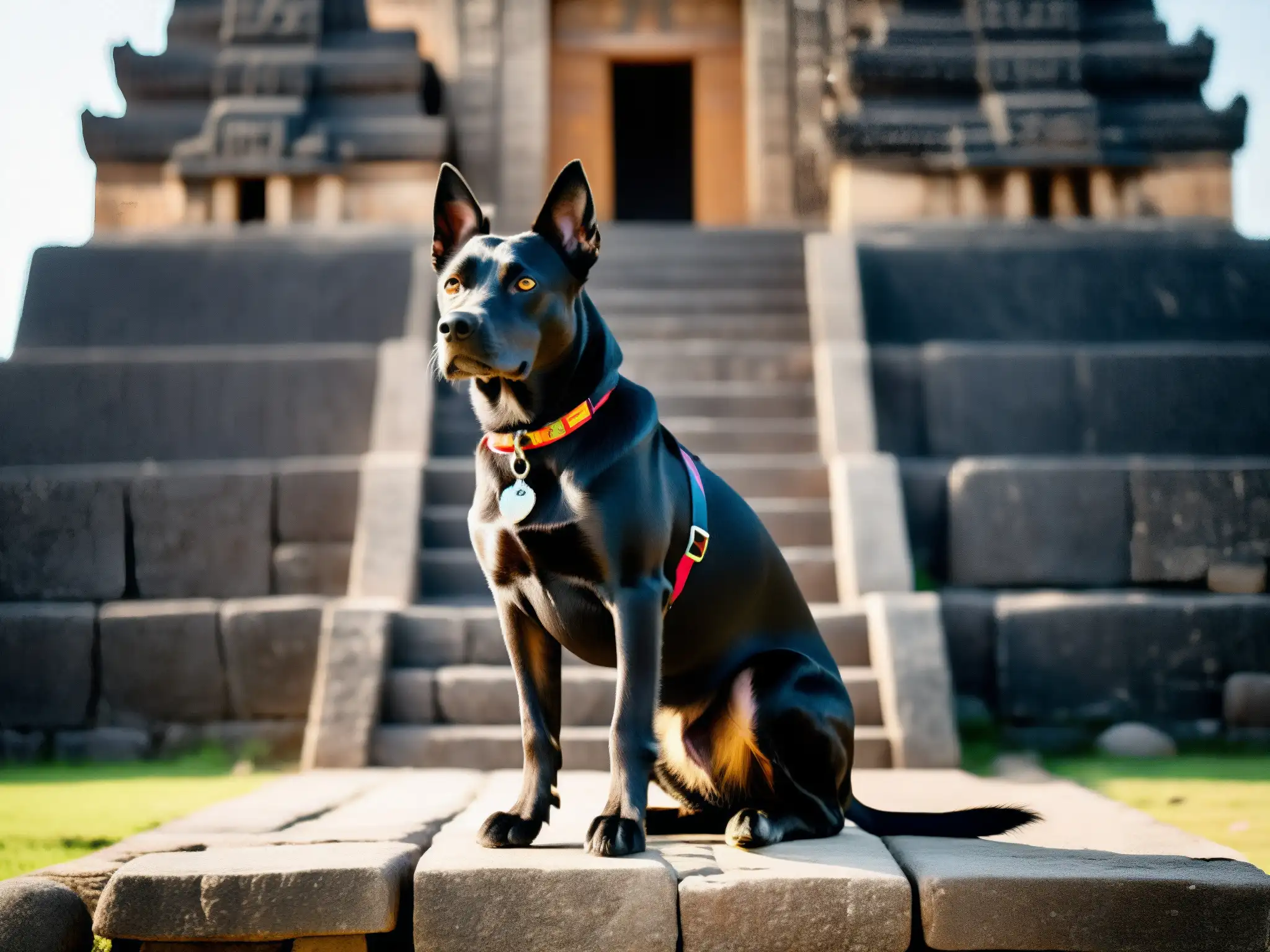 El Perro Negro de Tláhuac, místico guardián, frente a un antiguo templo, despierta intriga ancestral