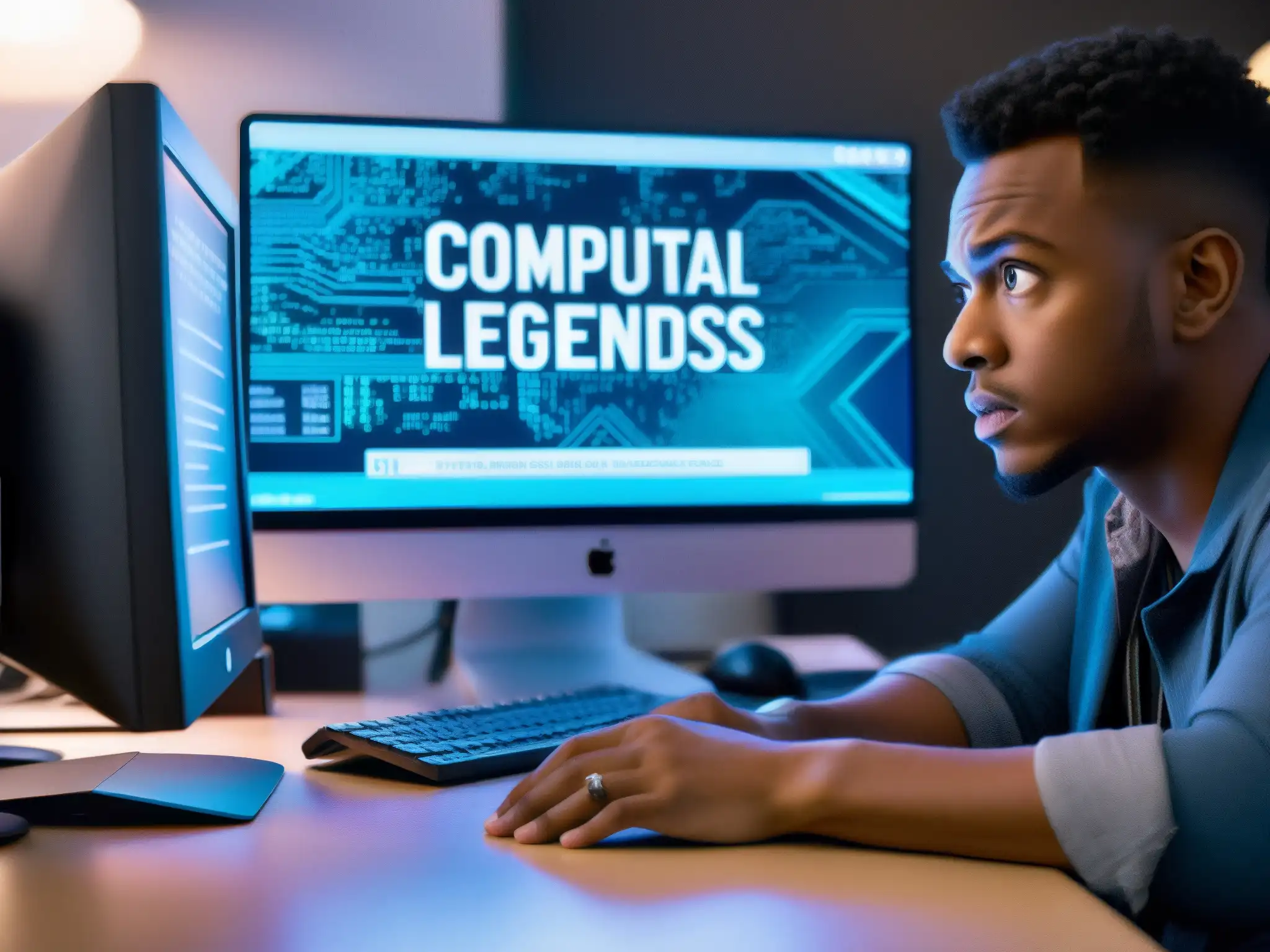 Una persona ansiosa se concentra en leyendas urbanas en su ordenador, rodeada por una atmósfera tensa