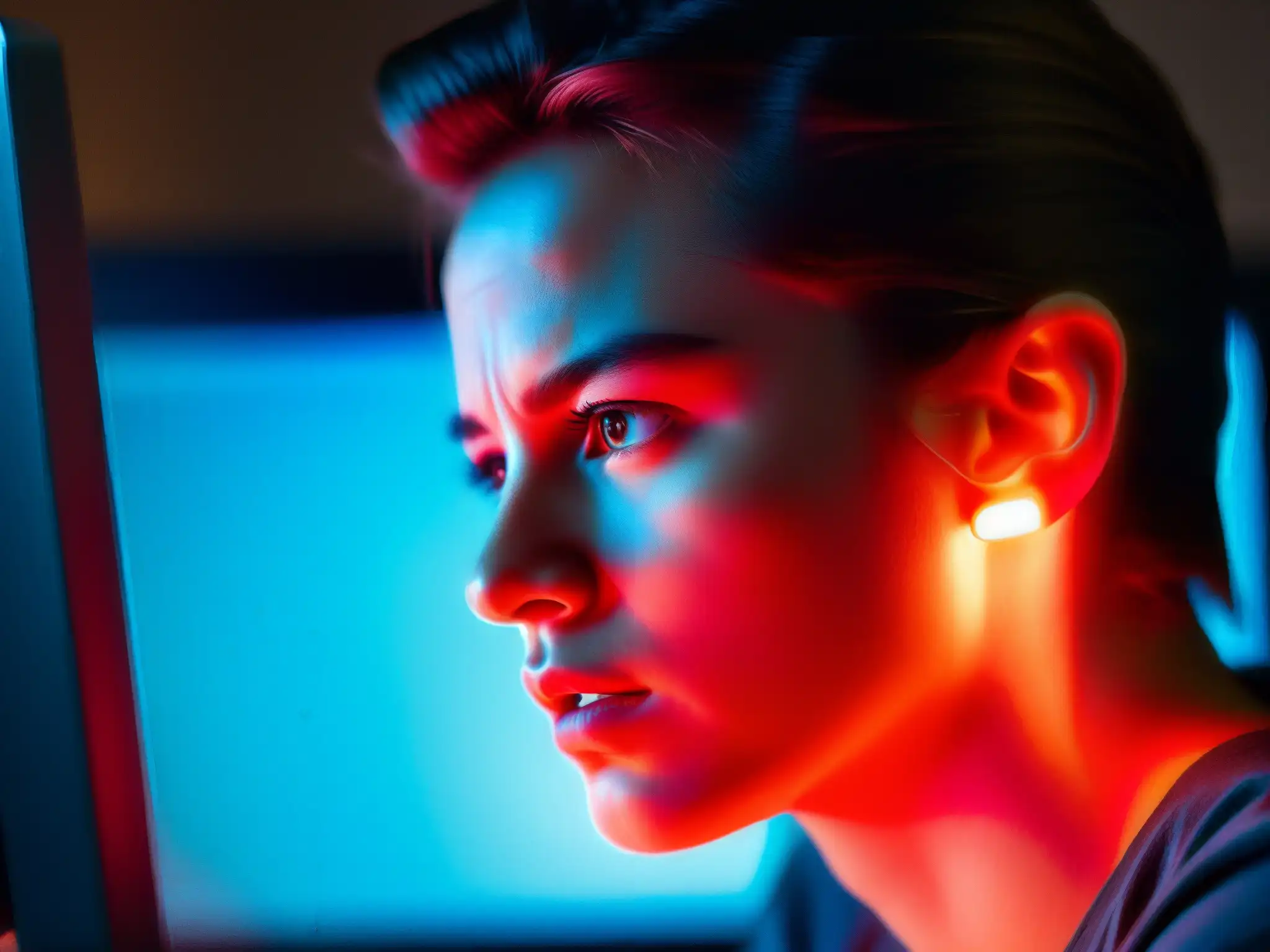 Una persona ansiosa frente a la pantalla de la computadora, sumergida en leyendas urbanas digitales