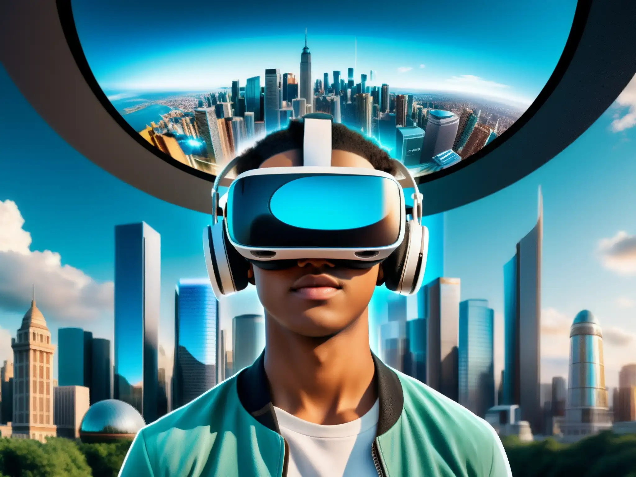 Persona asombrada en realidad virtual, interactuando con leyendas urbanas en futurista ciudad holográfica