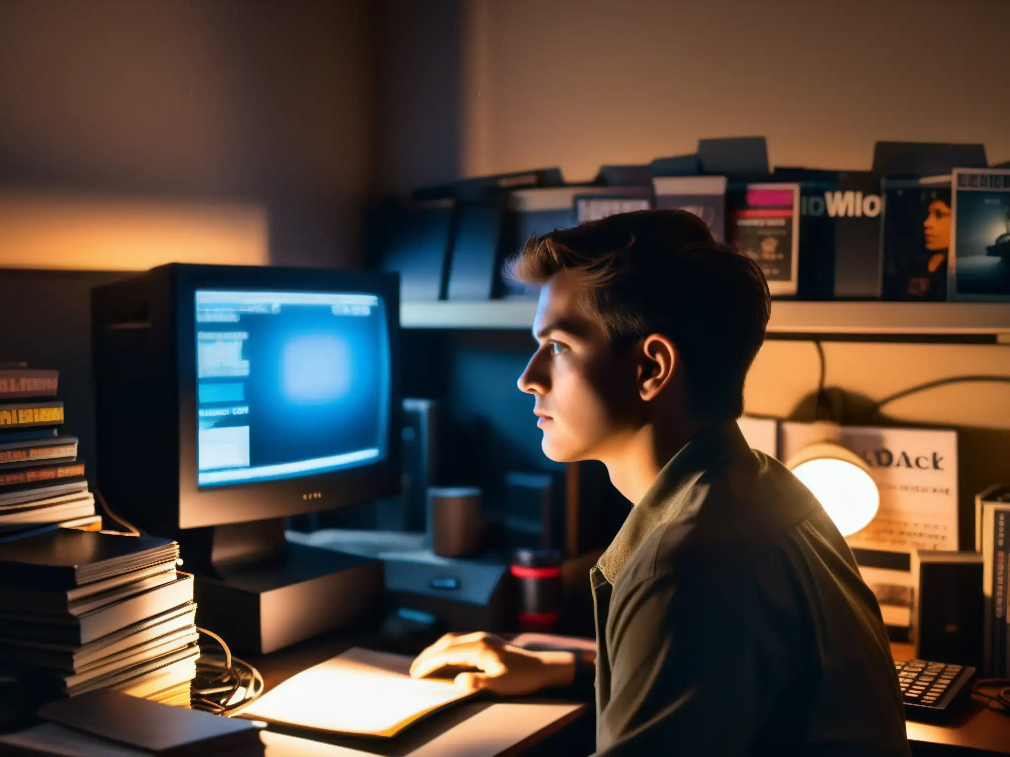 Persona concentrada en la luz de un monitor en una habitación oscura, rodeada de desorden y revistas de tecnología