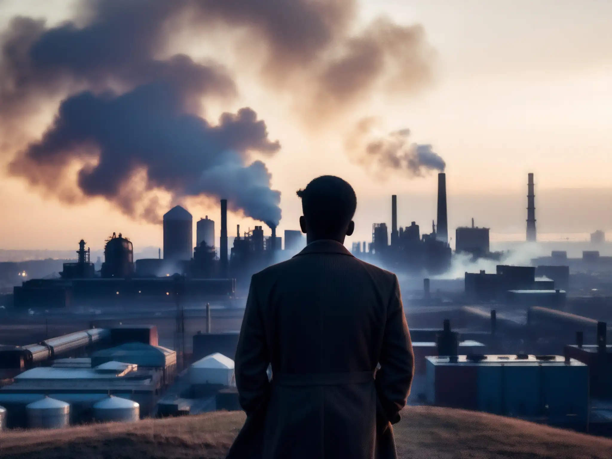 Persona desconcertada observa la misteriosa ciudad industrializada envuelta en neblina, conectada al misterioso sonido global 'The Hum'