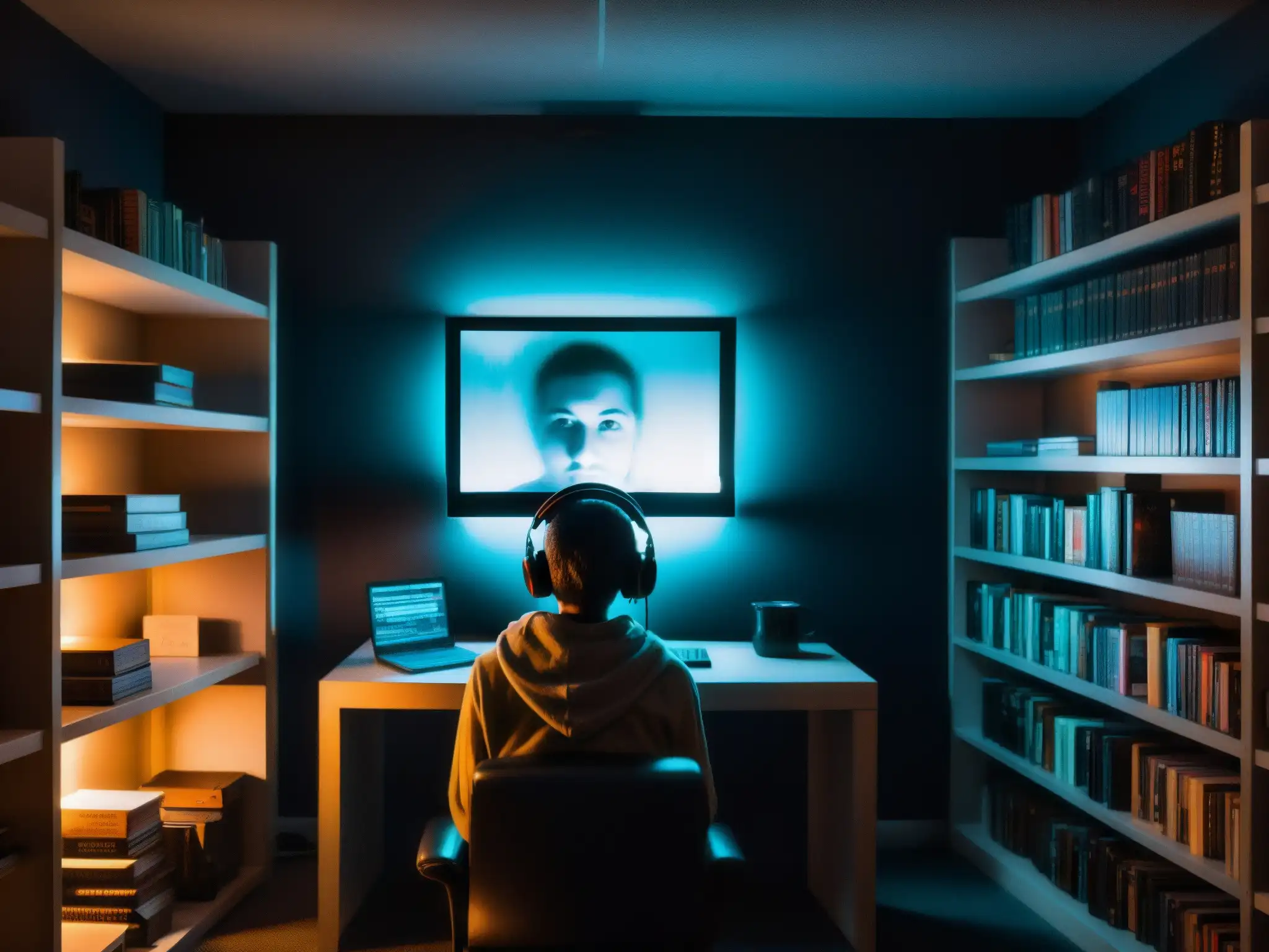 Persona fascinada y asustada por pantalla de computadora con imagen perturbadora, rodeada de libros de terror