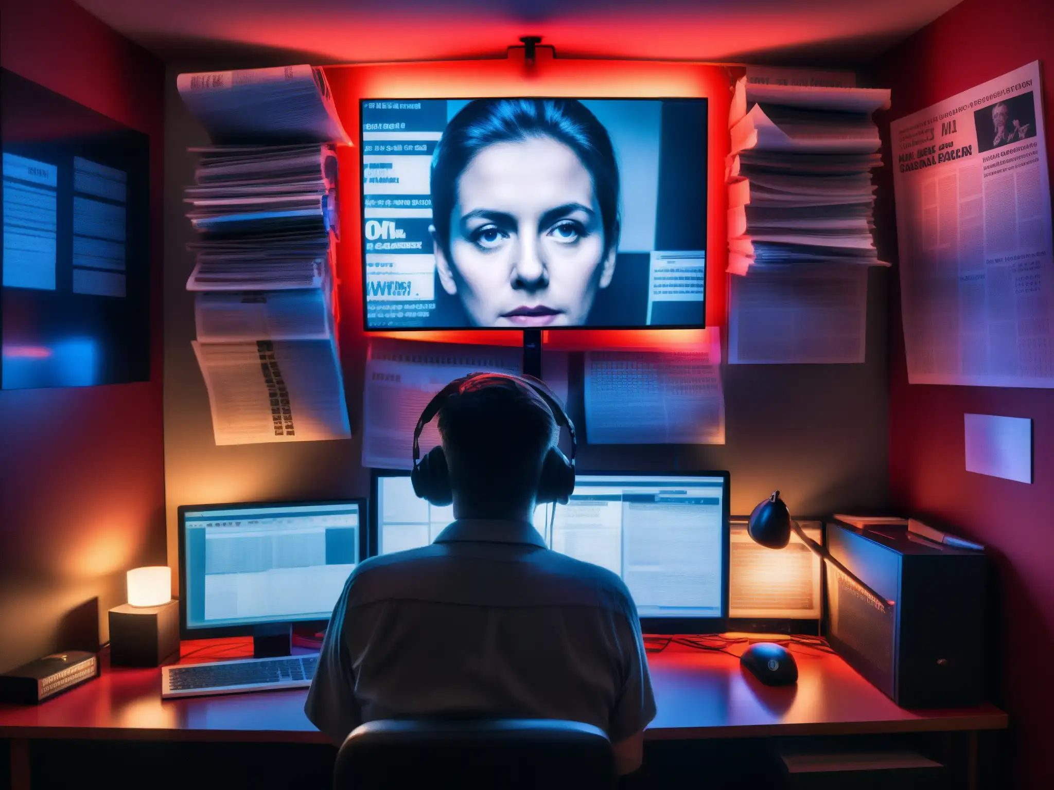 Persona en habitación oscura con monitor, periódicos, cuerdas y equipo de vigilancia, reflejando el mito del asesino de la webcam