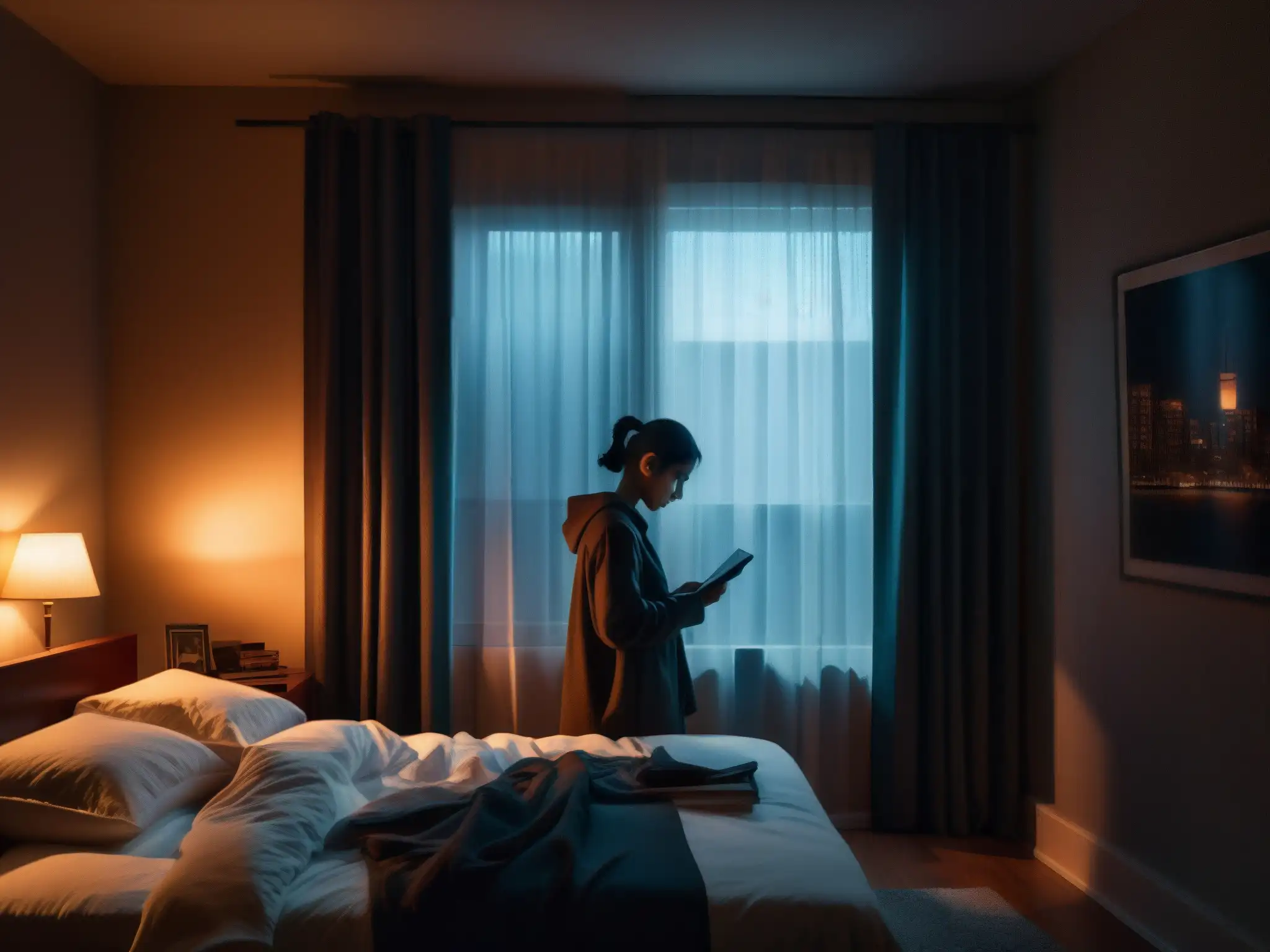 Persona inquieta en cama, iluminada por el móvil, rodeada de sombras en habitación oscura con efecto de las leyendas urbanas en el sueño