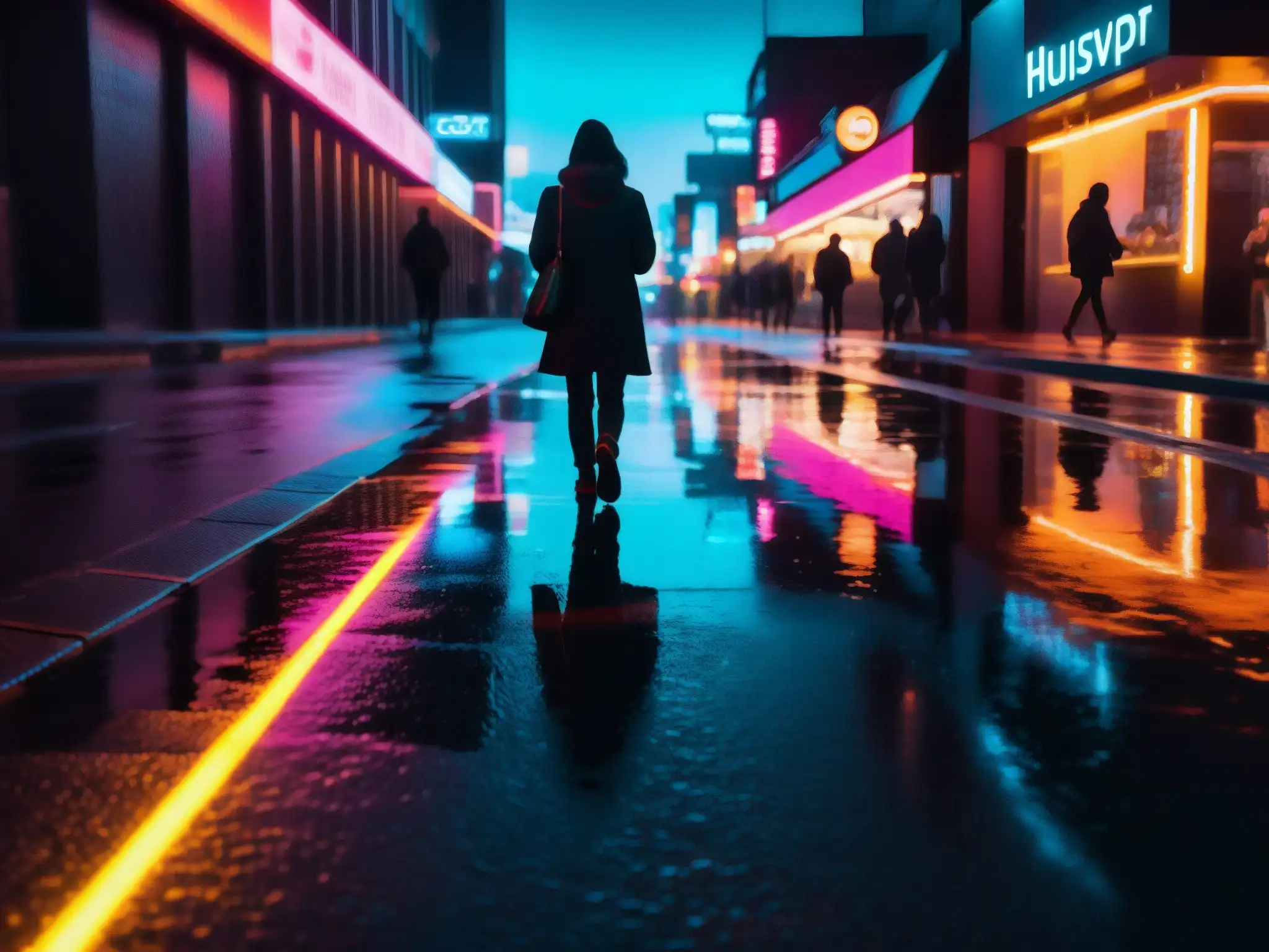 Persona solitaria camina absorvida en smartphone en calle nocturna, evocando leyendas urbanas dispositivos inteligentes