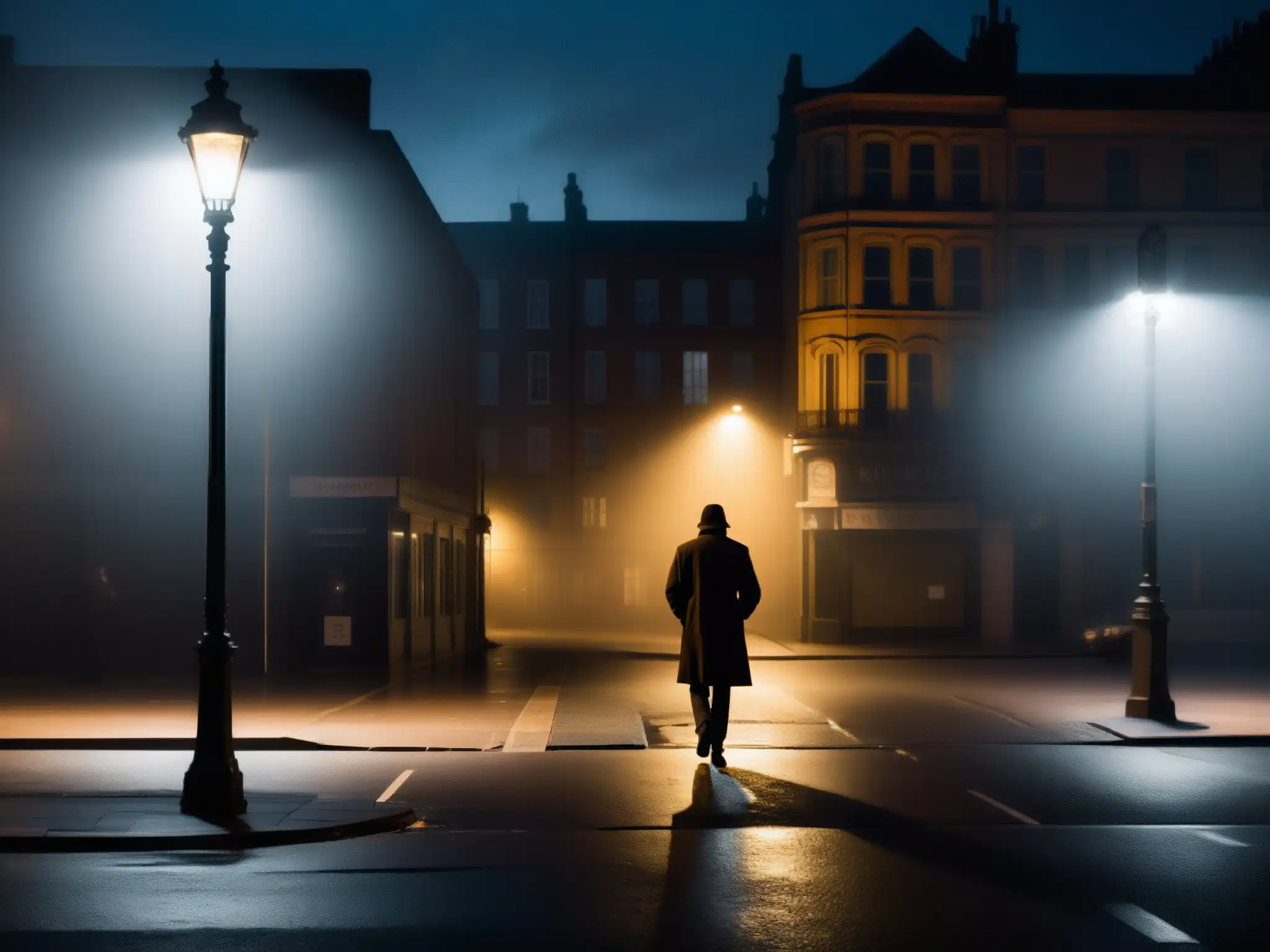 Persona solitaria camina en la esquina sombría de la calle, proyectando largas sombras bajo la luz titilante