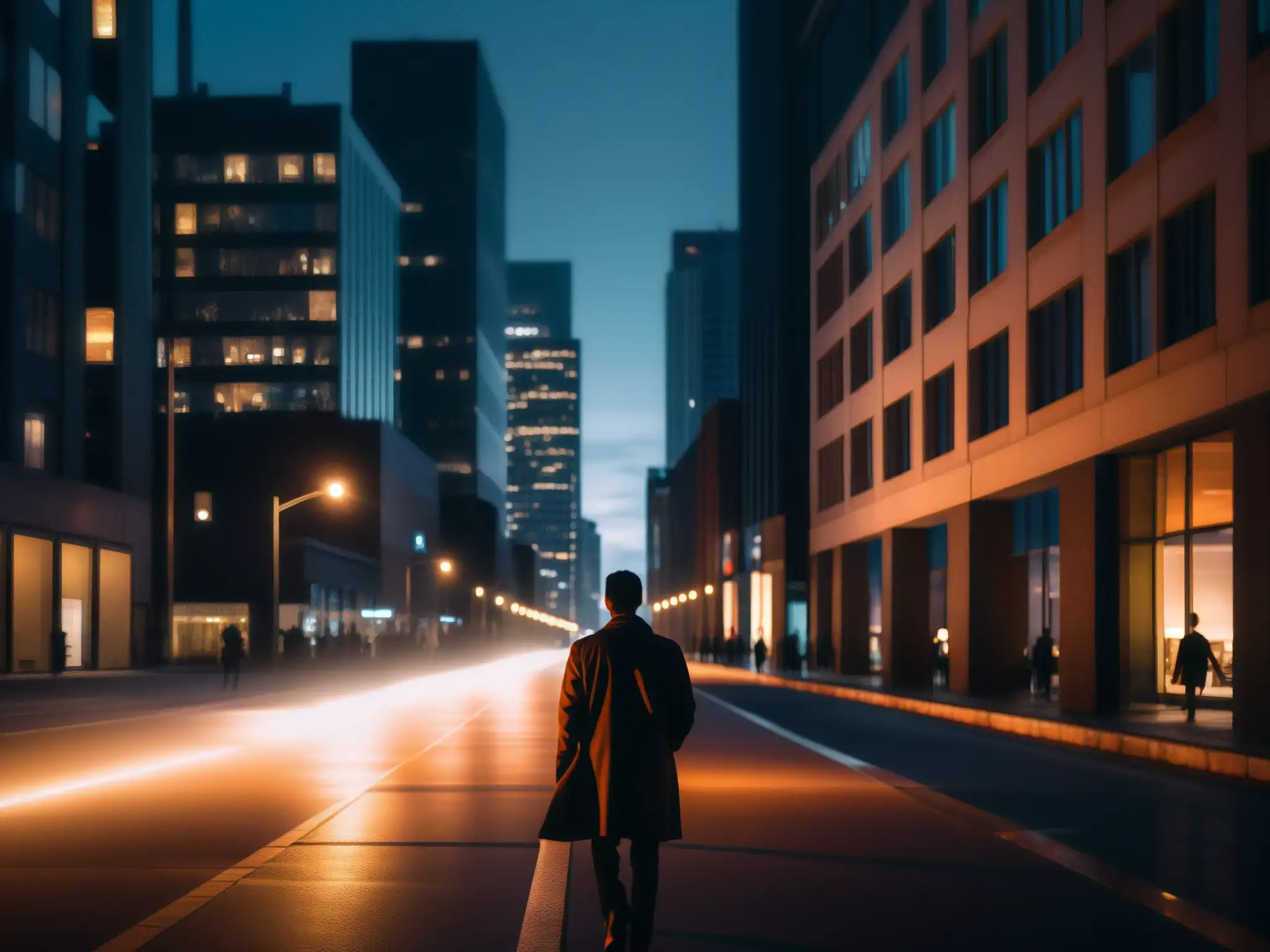 Persona solitaria camina de noche por la ciudad, su rostro iluminado por el celular, reflejando el impacto de las redes sociales