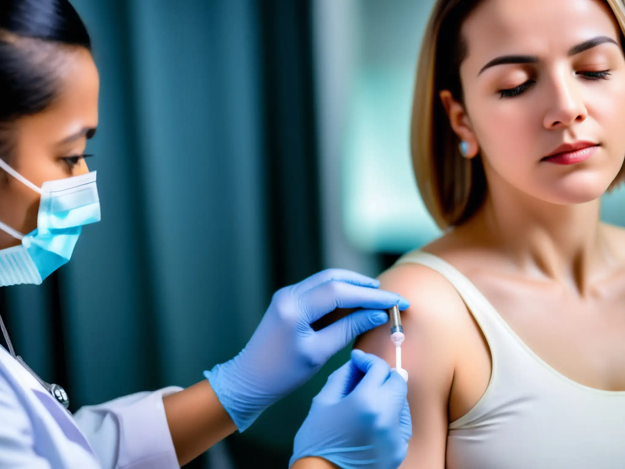 Una persona recibe una vacuna con determinación en un entorno clínico, destacando la importancia del proceso de vacunación