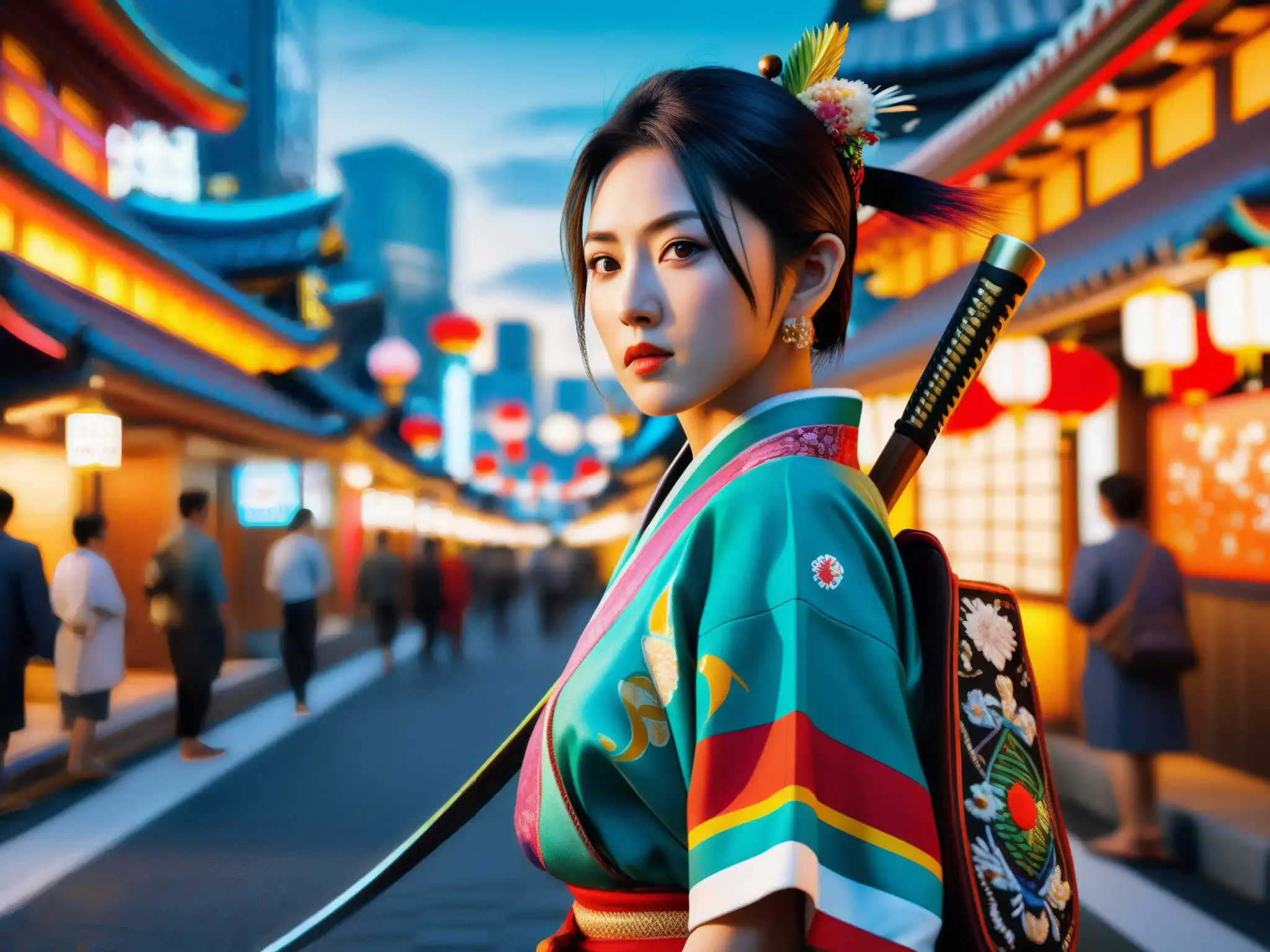 Personaje de videojuego japonés contemporáneo con atuendo tradicional y arma mítica en Tokio, resucitando mitos folklore japonés